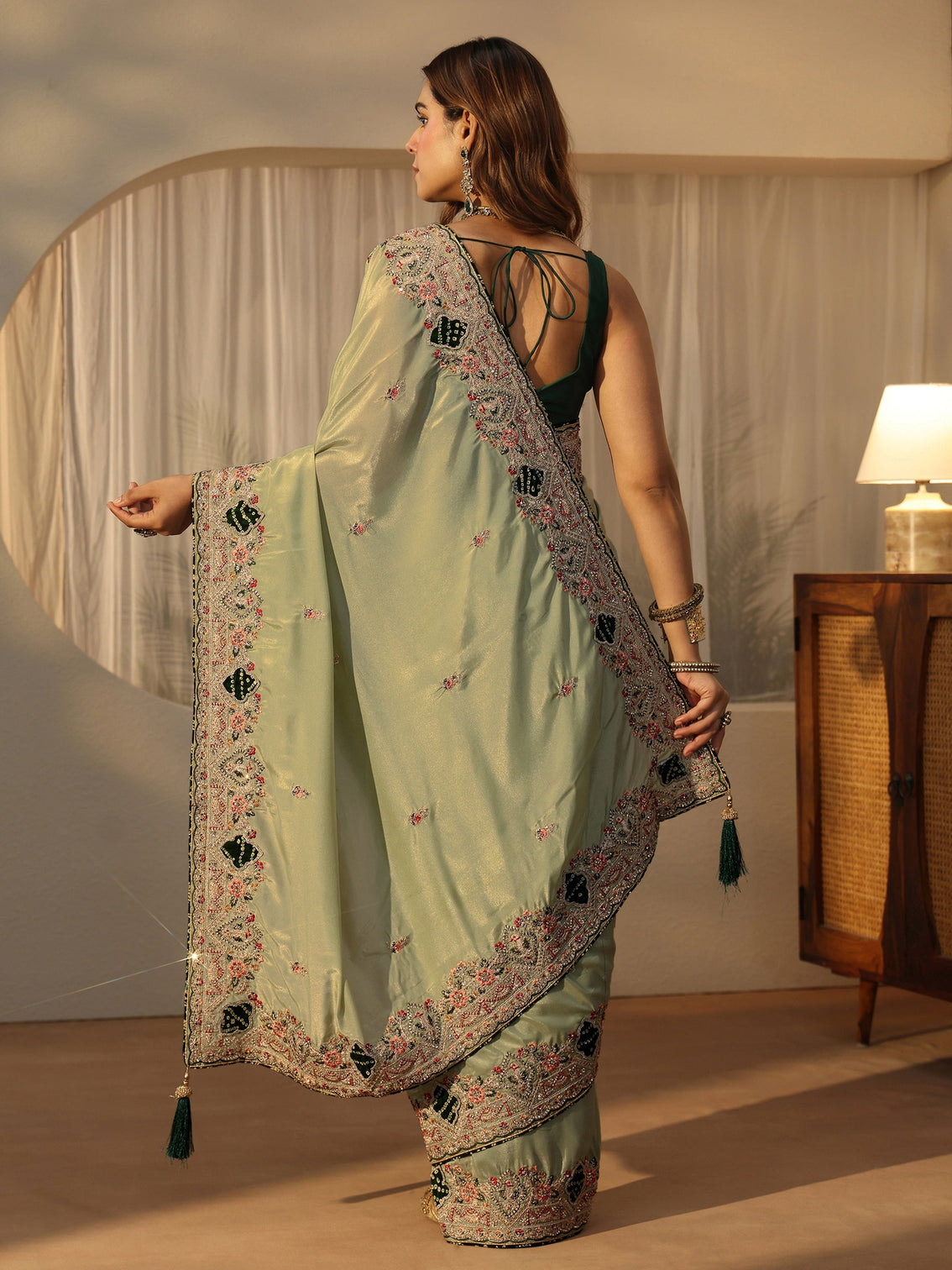 Mameraa Pista Green Satin Saree with Embellished Border