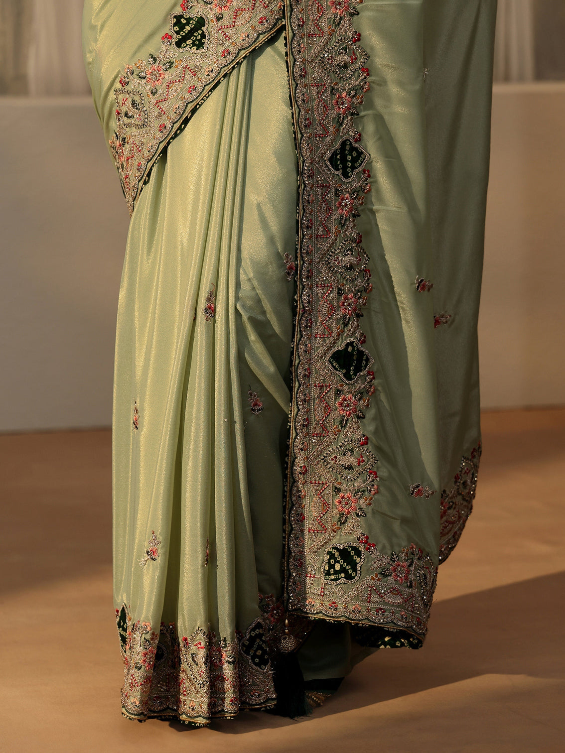 Mameraa Pista Green Satin Saree with Embellished Border