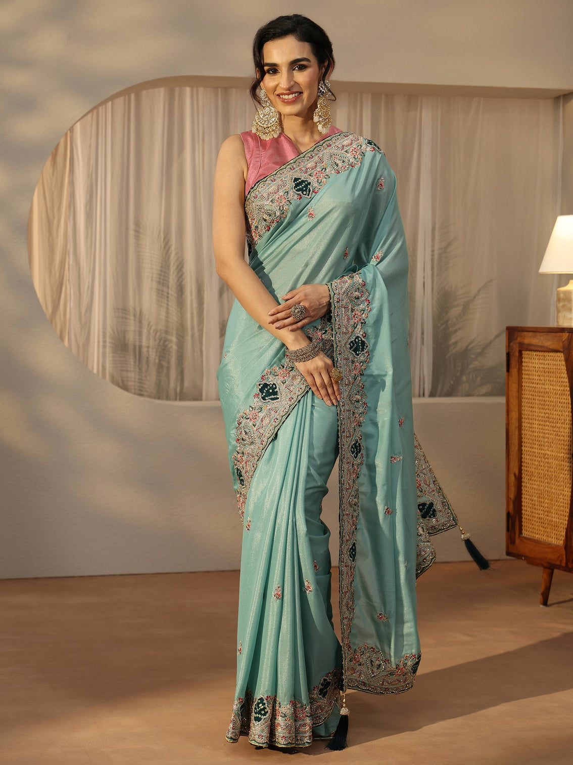 Mameraa Sky Blue Floral Embroidered Satin Saree