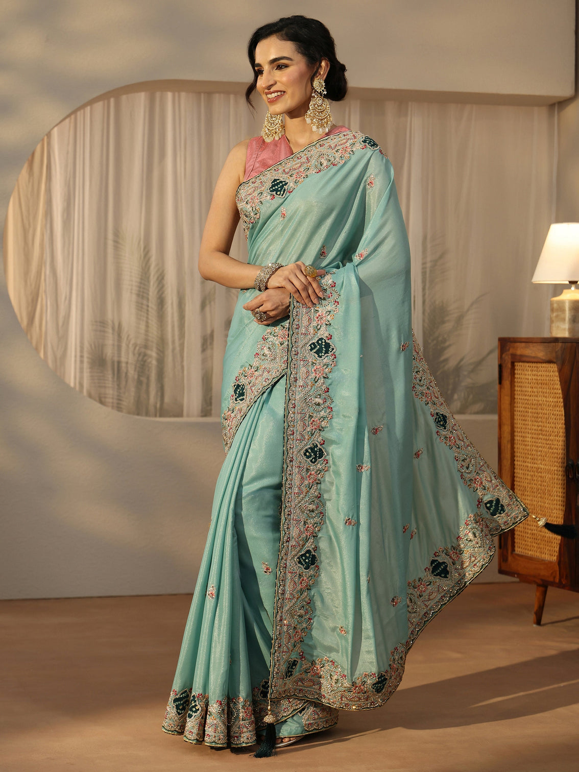 Mameraa Sky Blue Floral Embroidered Satin Saree