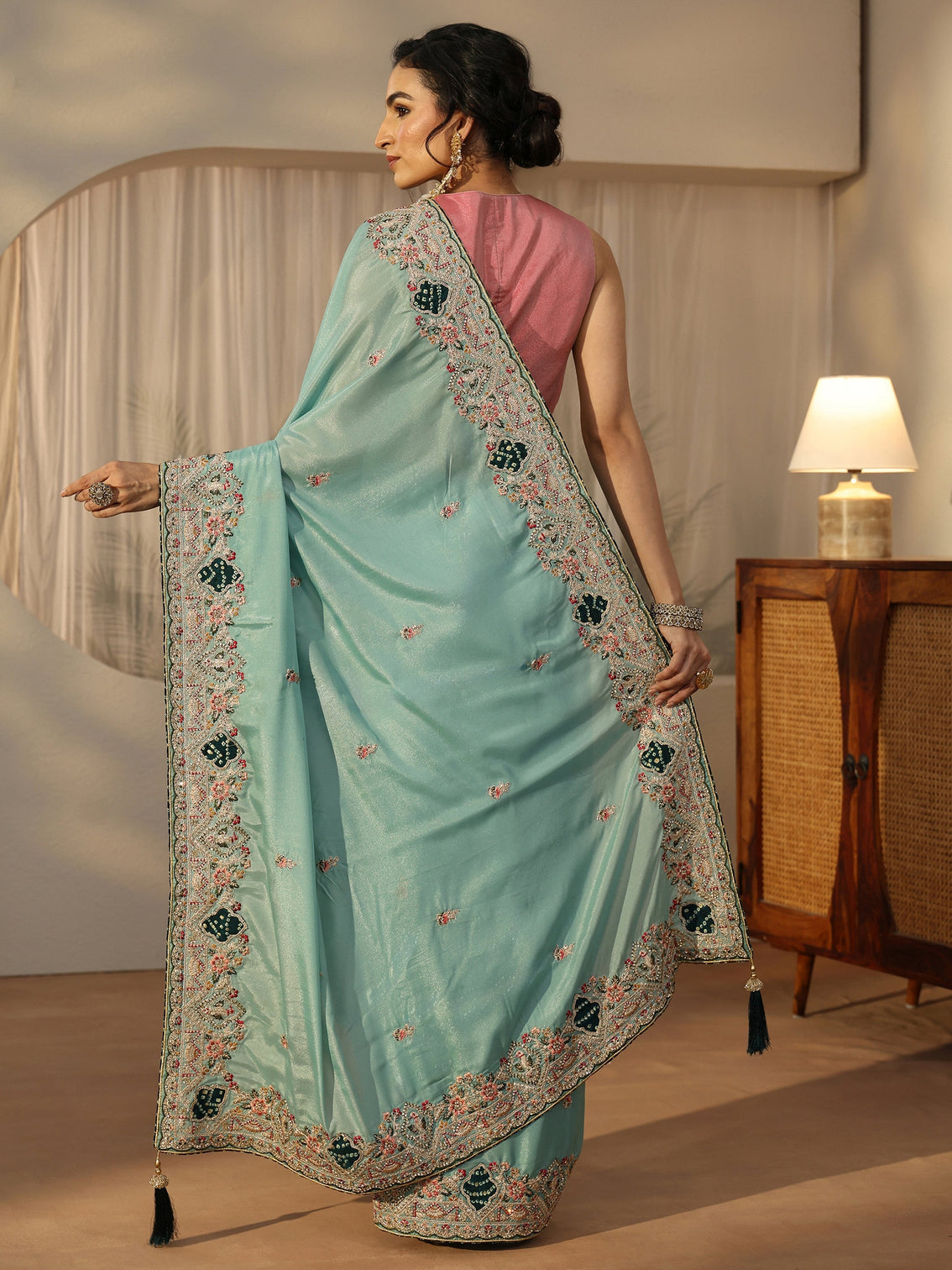 Mameraa Sky Blue Floral Embroidered Satin Saree