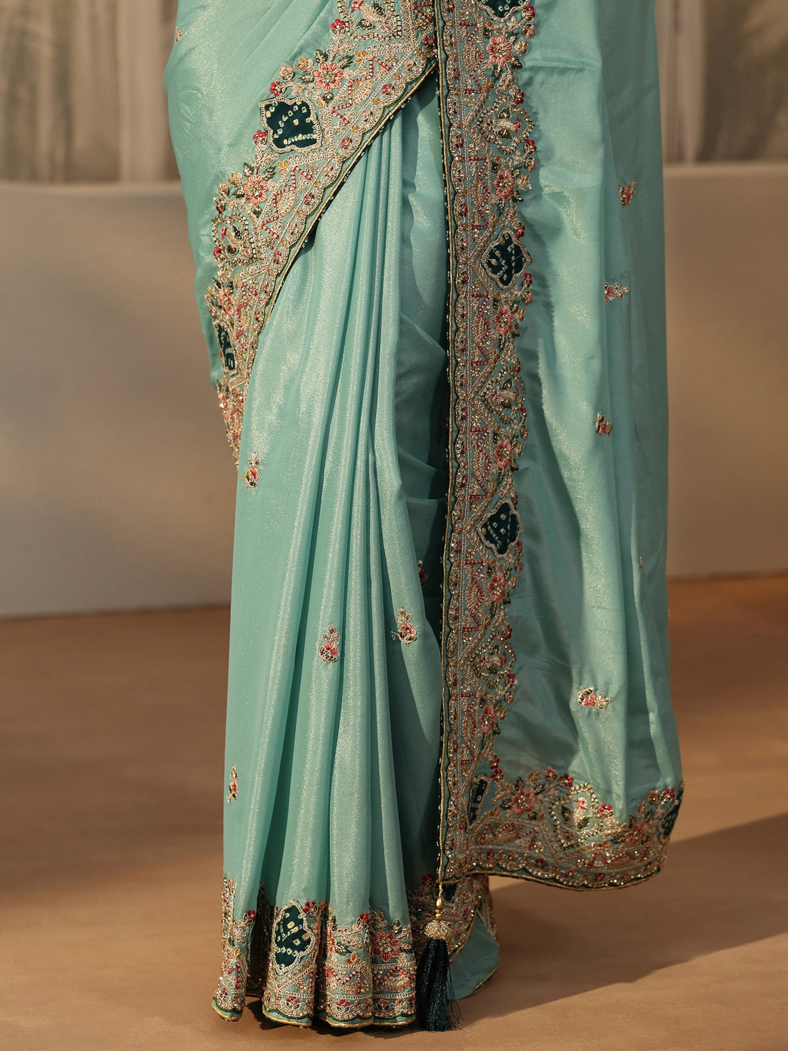 Mameraa Sky Blue Floral Embroidered Satin Saree