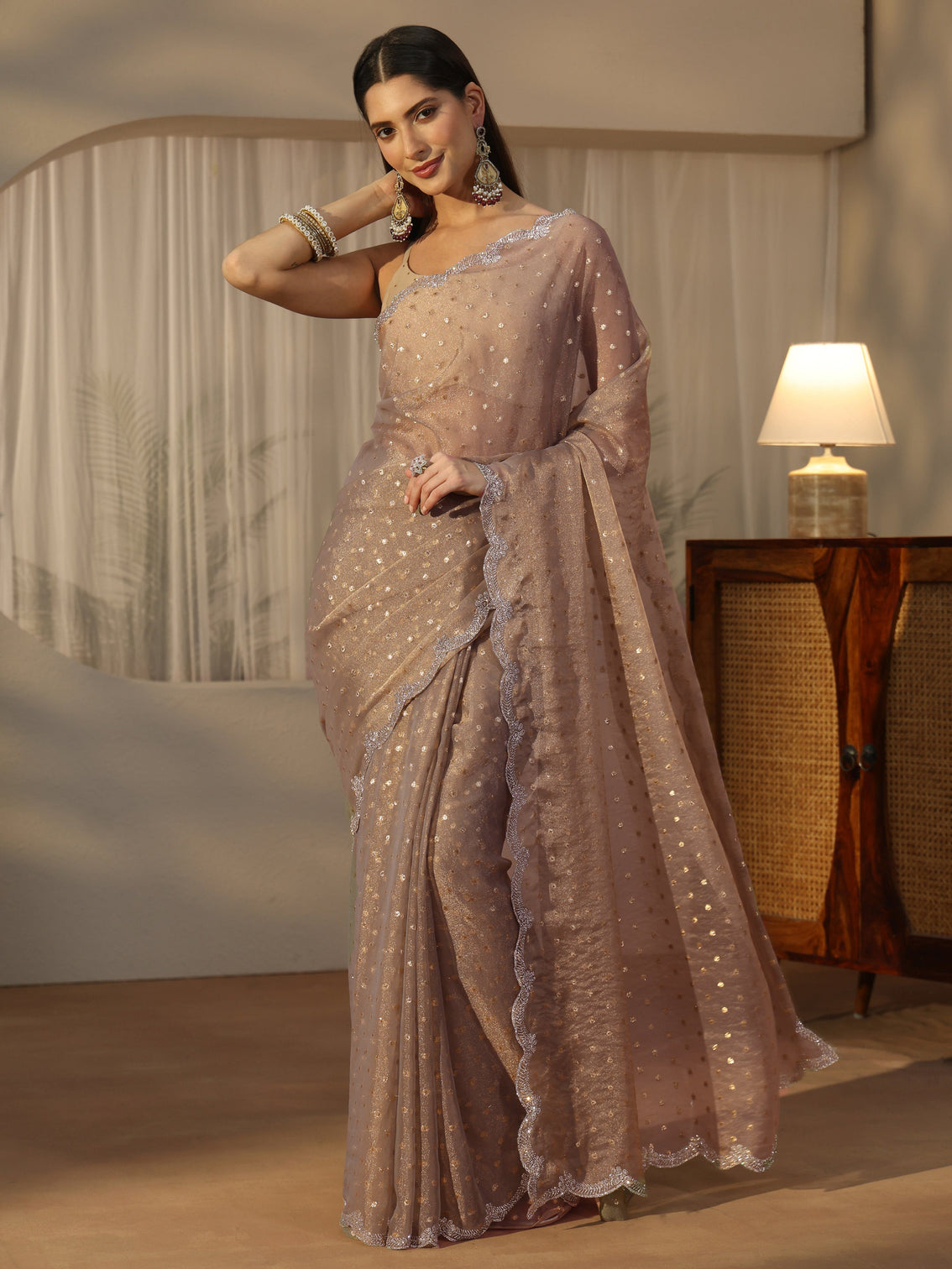 Mameraa Taupe Grey Embellished Tissue Saree