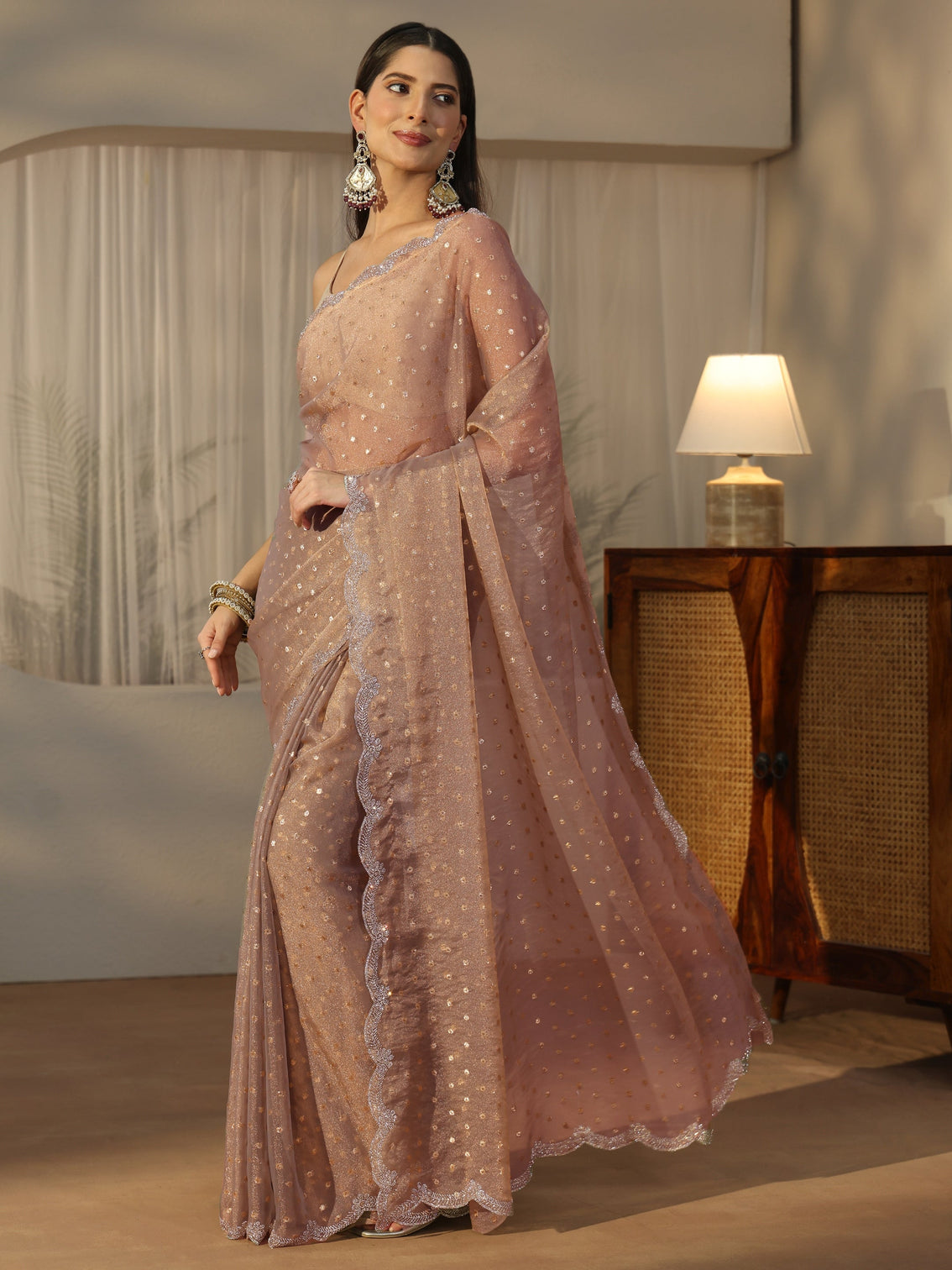 Mameraa Taupe Grey Embellished Tissue Saree