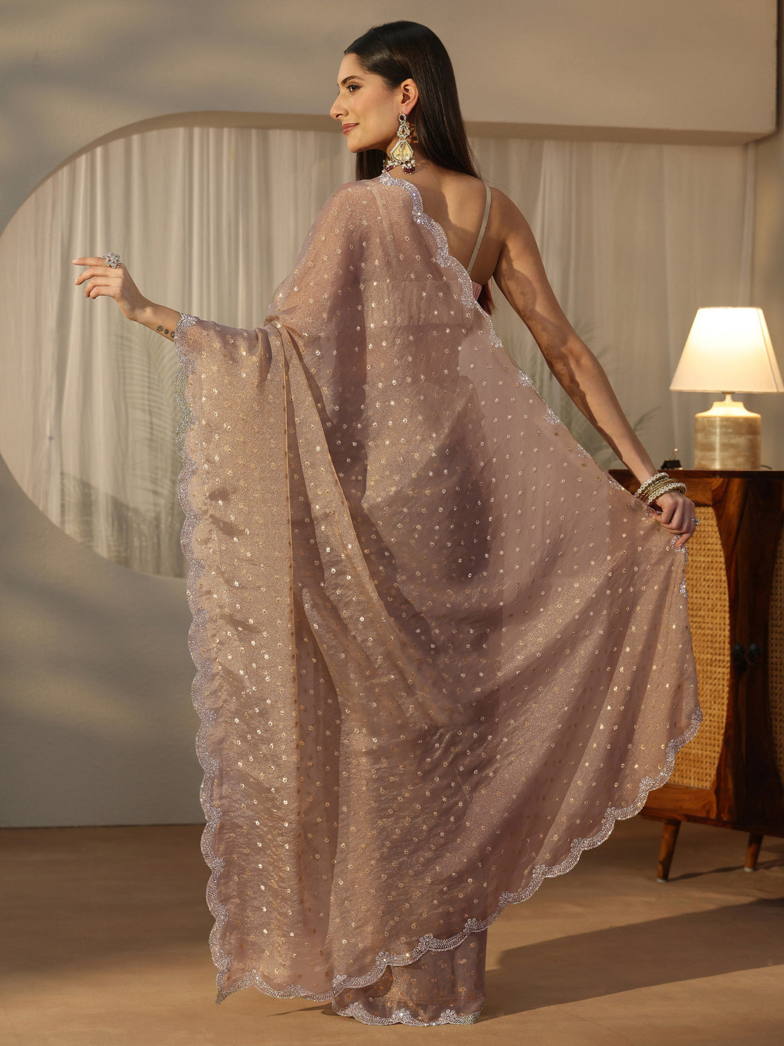 Mameraa Taupe Grey Embellished Tissue Saree