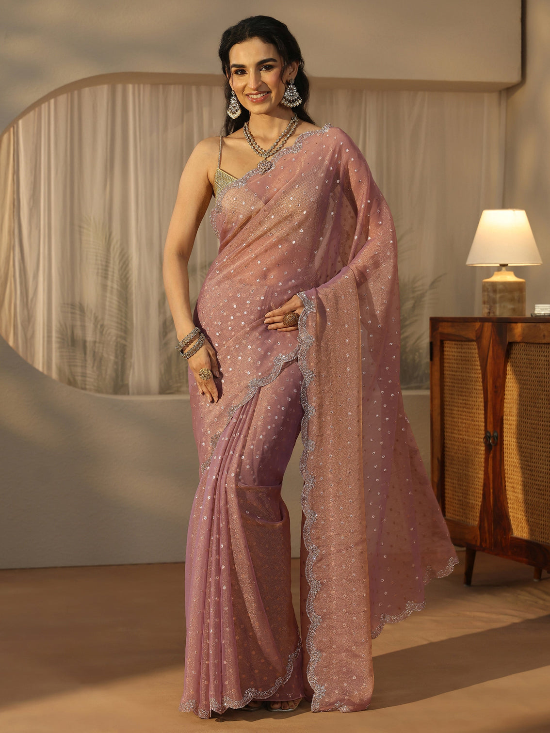 Mameraa Lavender Embellished Tissue Saree with Scalloped Border