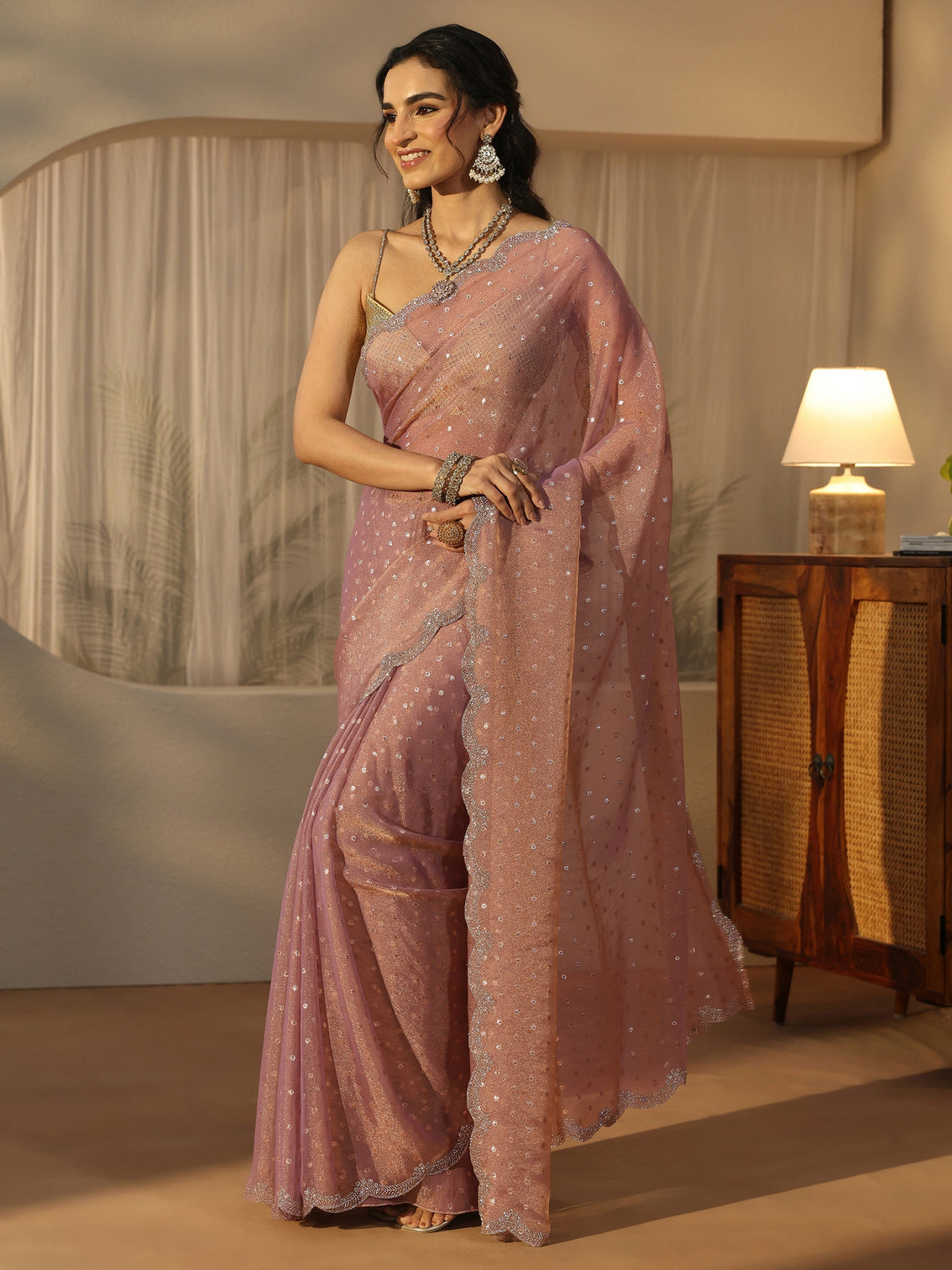 Mameraa Lavender Embellished Tissue Saree with Scalloped Border