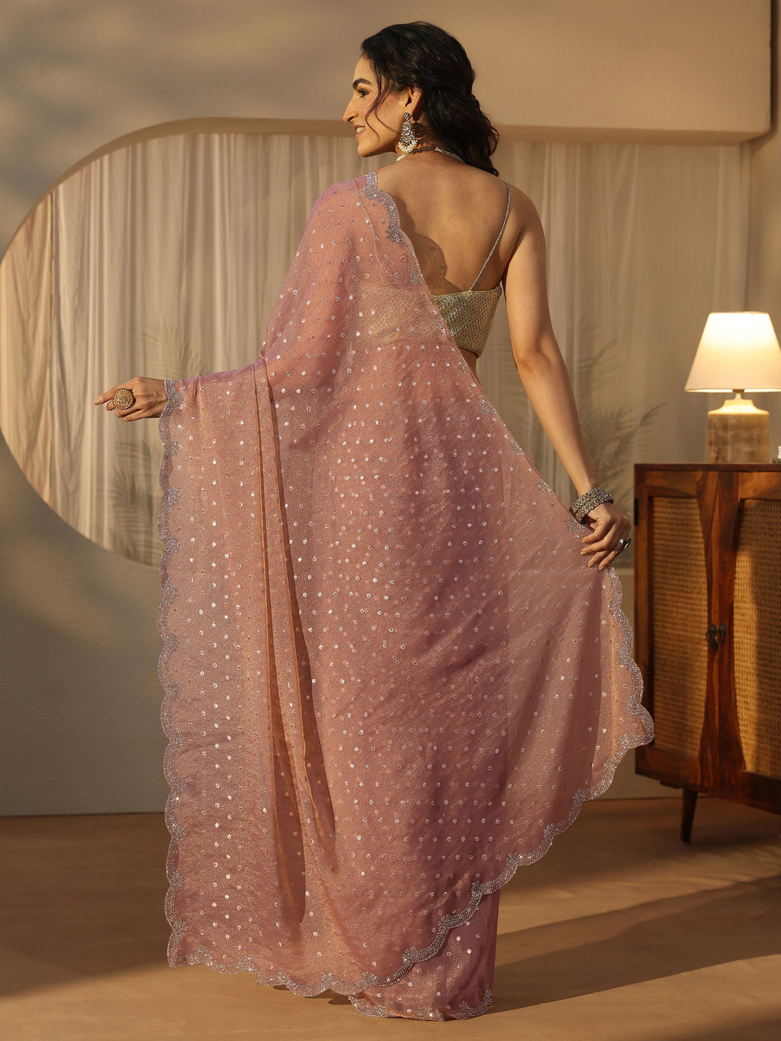 Mameraa Lavender Embellished Tissue Saree with Scalloped Border