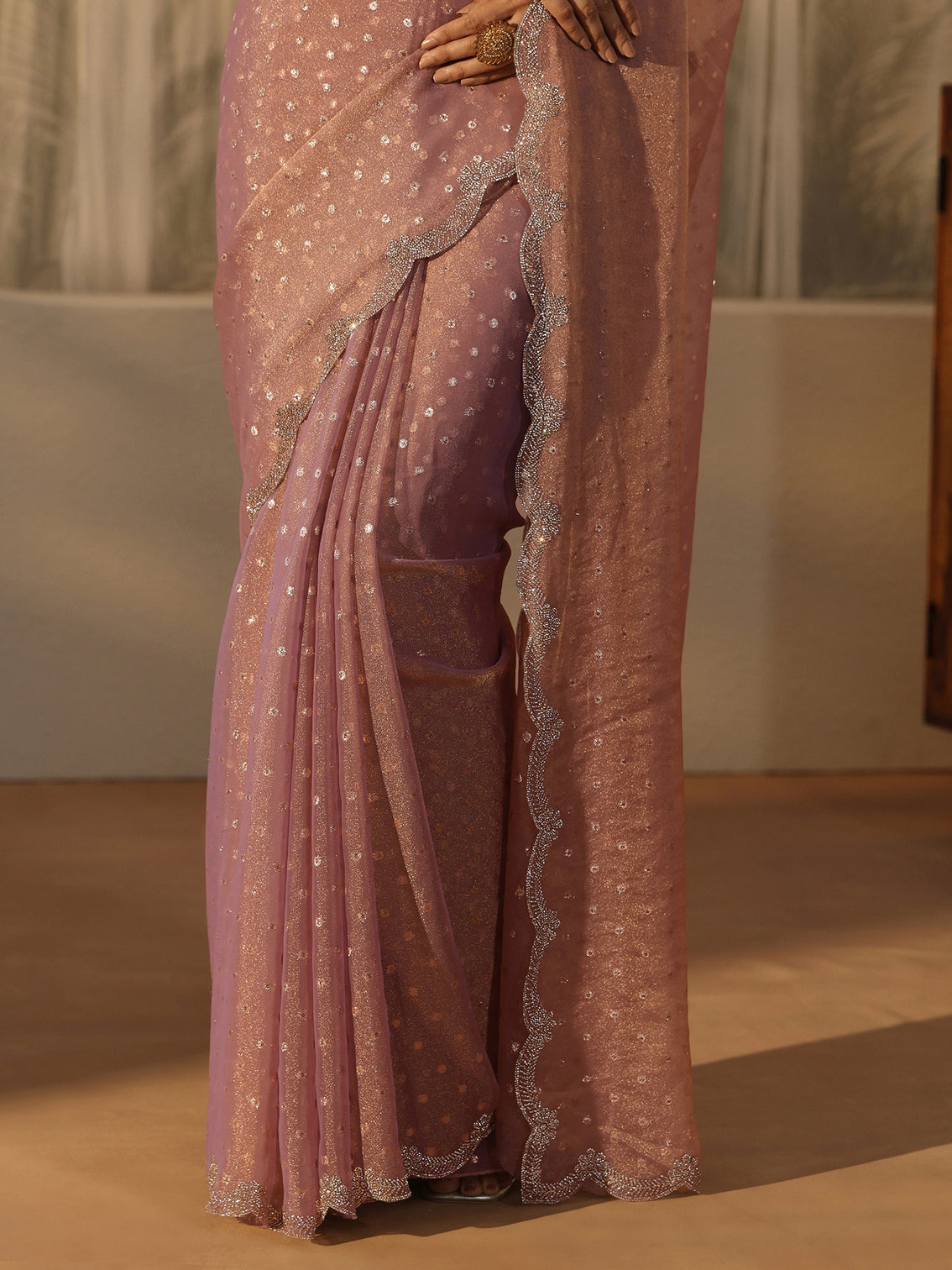 Mameraa Lavender Embellished Tissue Saree with Scalloped Border
