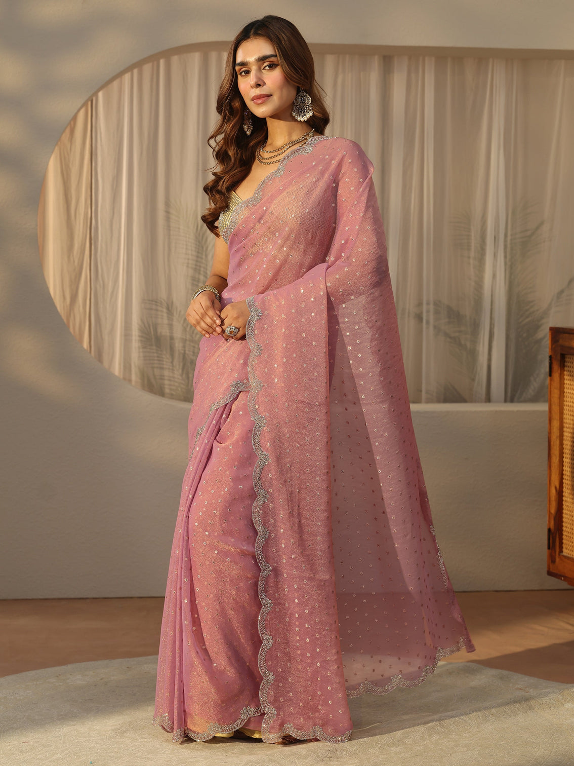 Mameraa Dusty Pink Embellished Tissue Saree with Scalloped Border