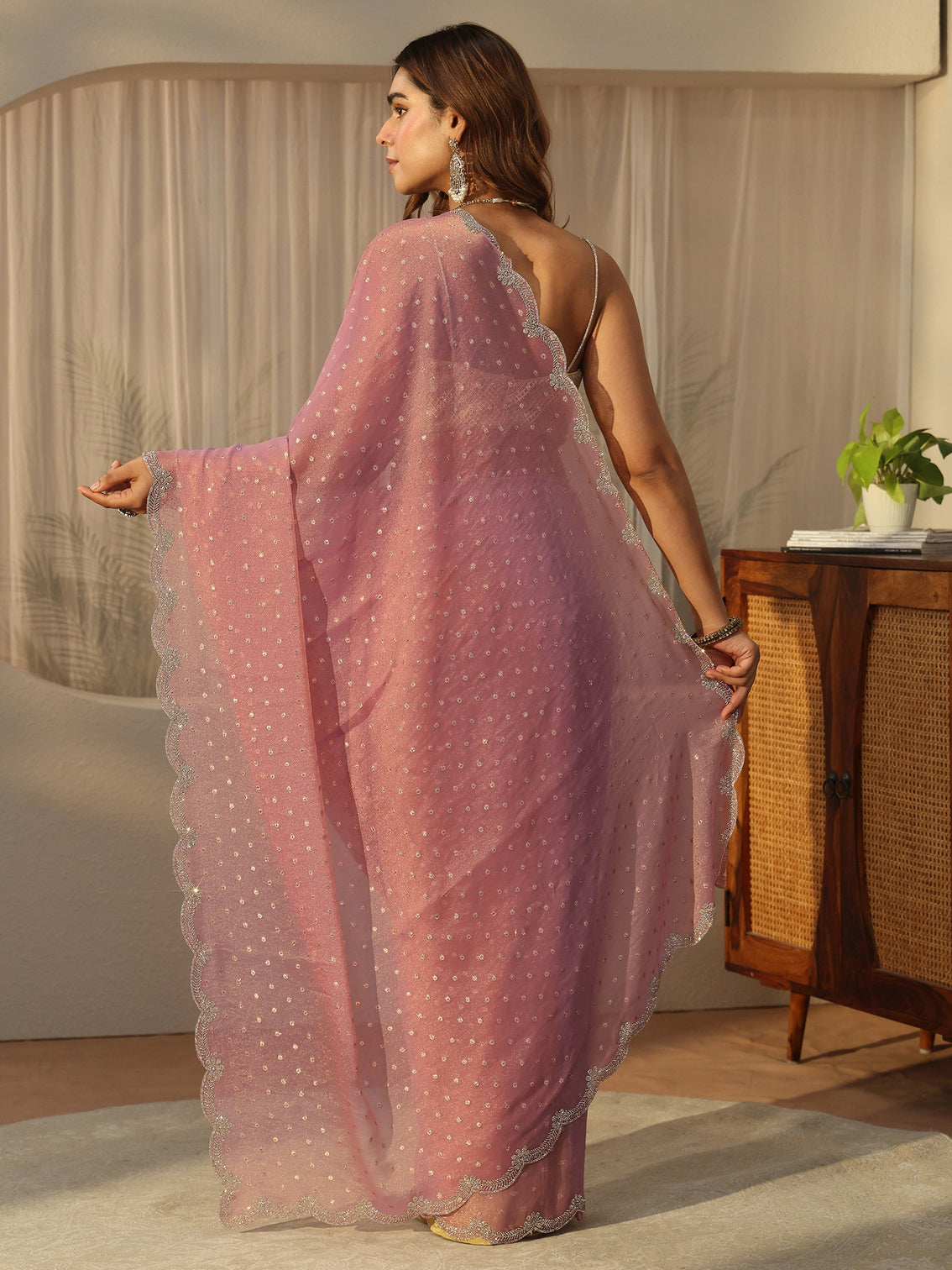Mameraa Dusty Pink Embellished Tissue Saree with Scalloped Border