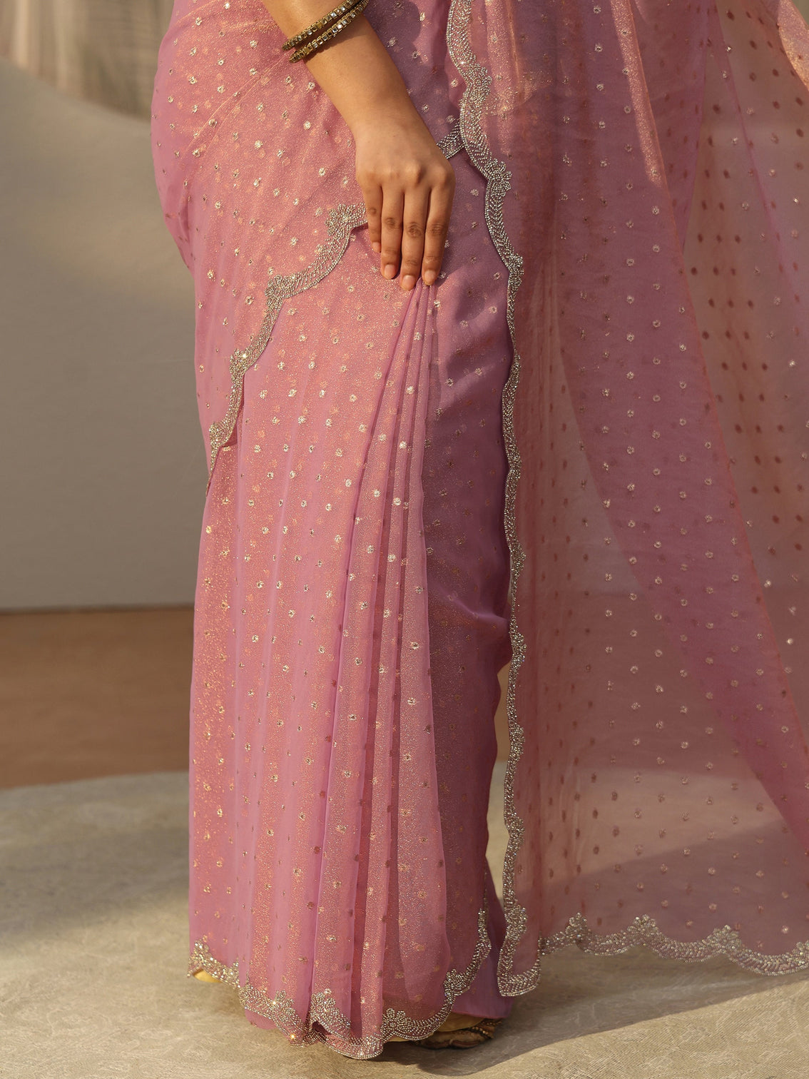 Mameraa Dusty Pink Embellished Tissue Saree with Scalloped Border