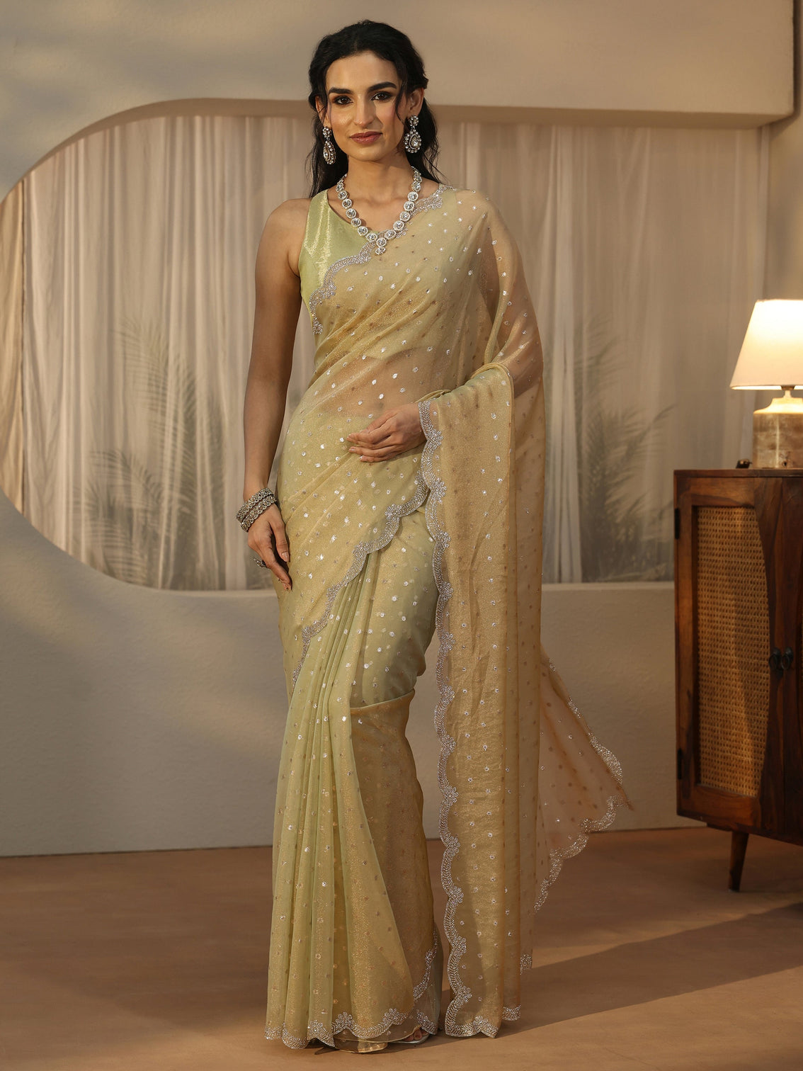 Mameraa Sage Green Embellished Tissue Saree with Scalloped Border