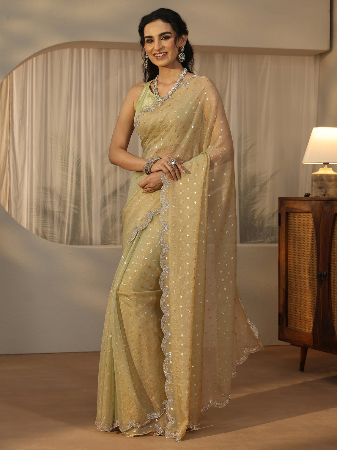 Mameraa Sage Green Embellished Tissue Saree with Scalloped Border