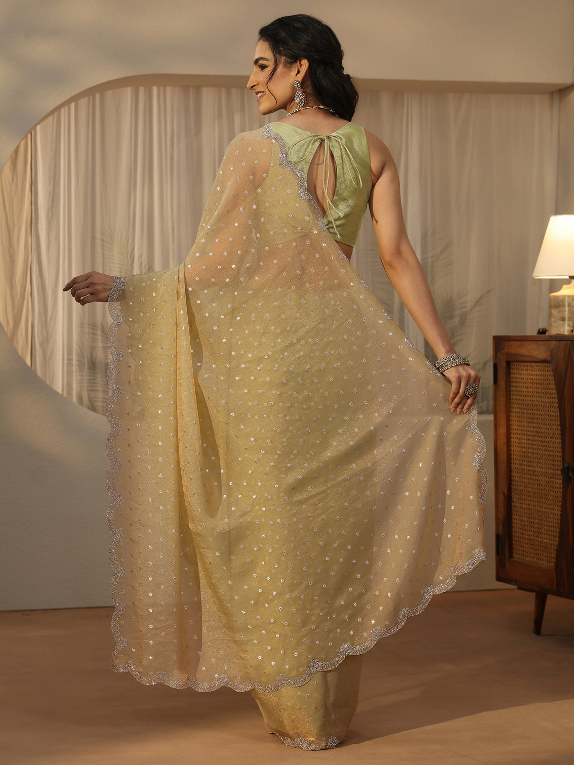 Mameraa Sage Green Embellished Tissue Saree with Scalloped Border