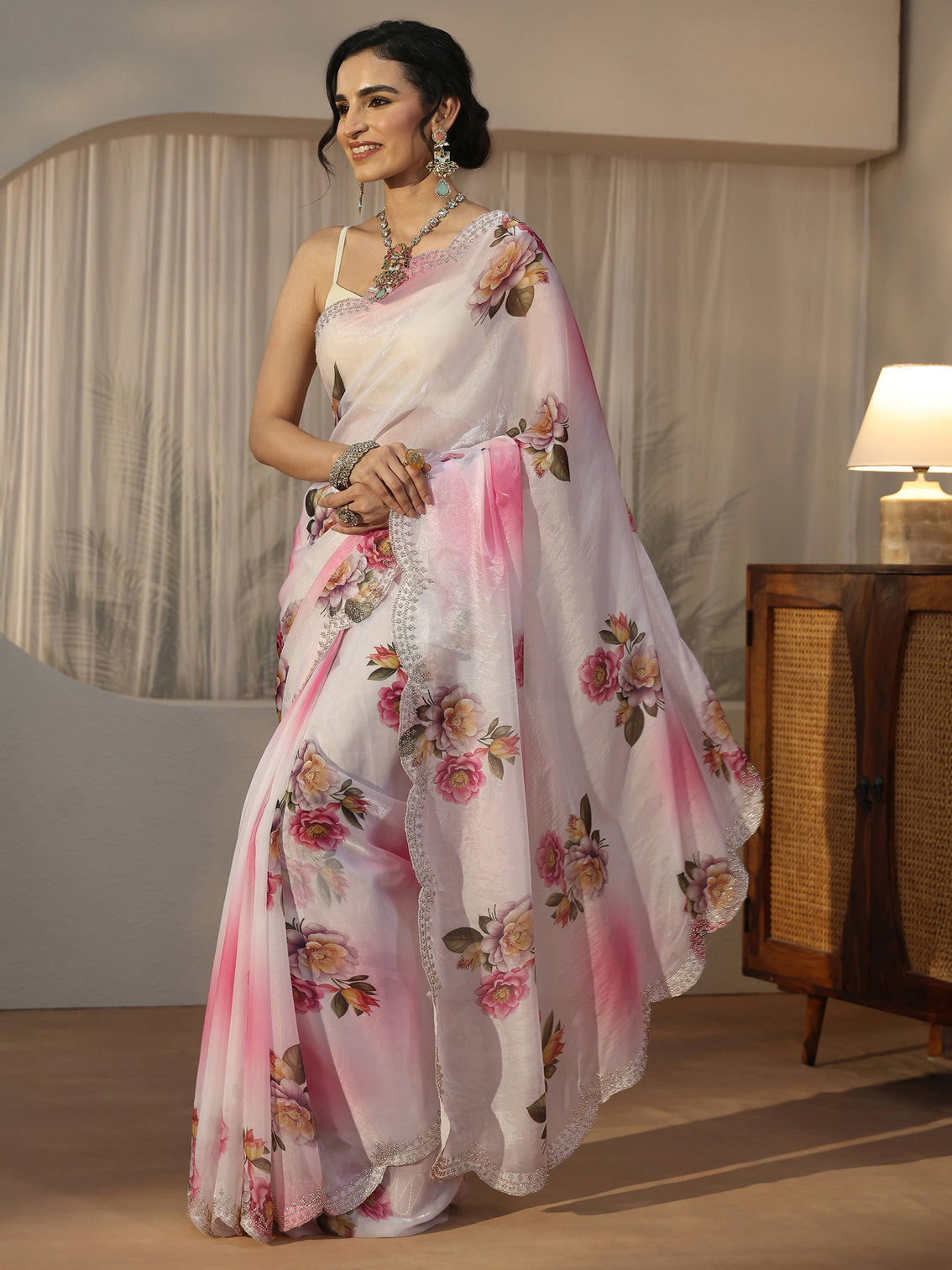 Mameraa Pink Floral Printed Satin Saree with Scalloped Border