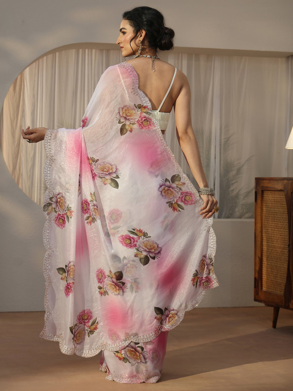 Mameraa Pink Floral Printed Satin Saree with Scalloped Border
