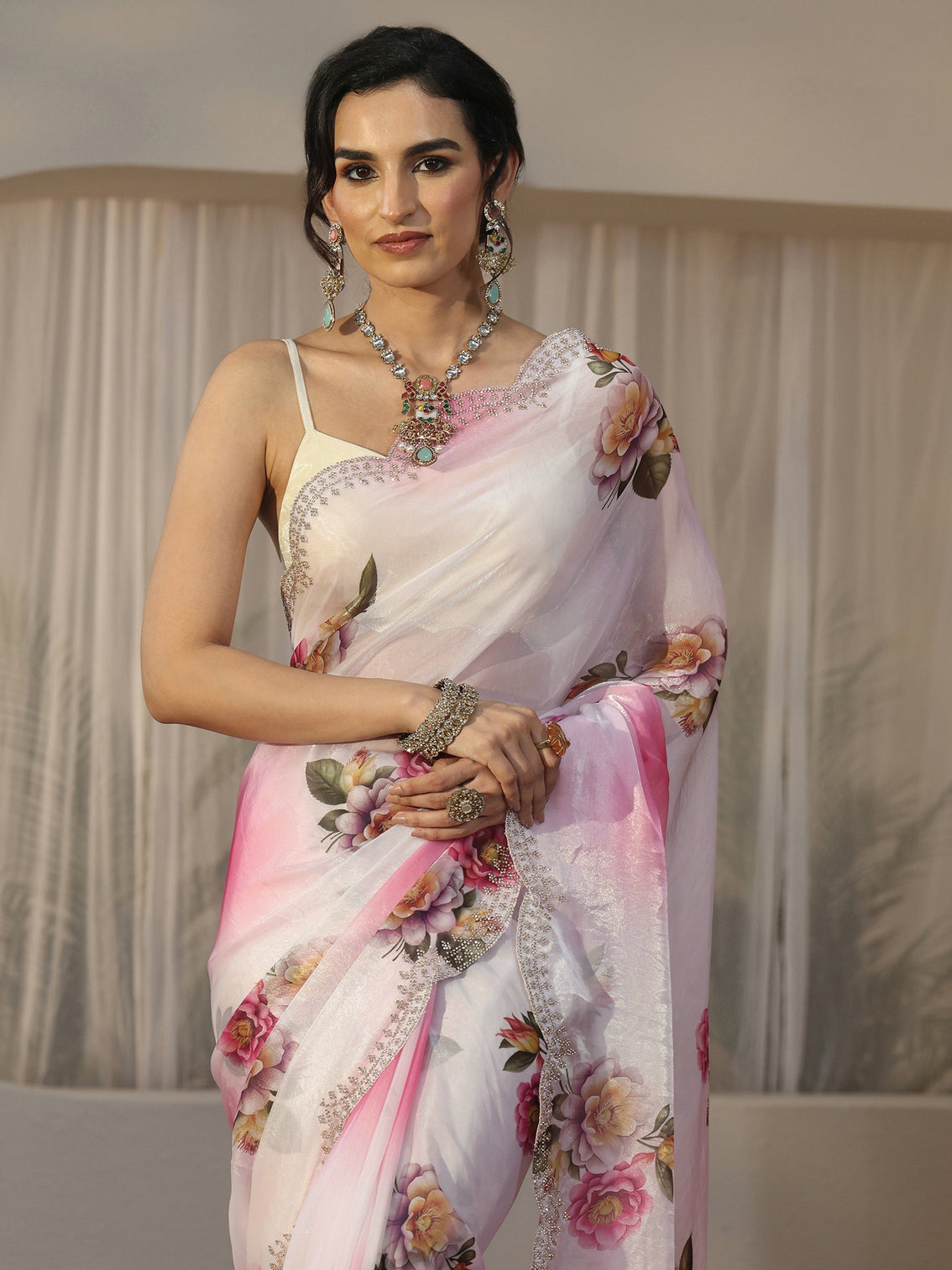 Mameraa Pink Floral Printed Satin Saree with Scalloped Border