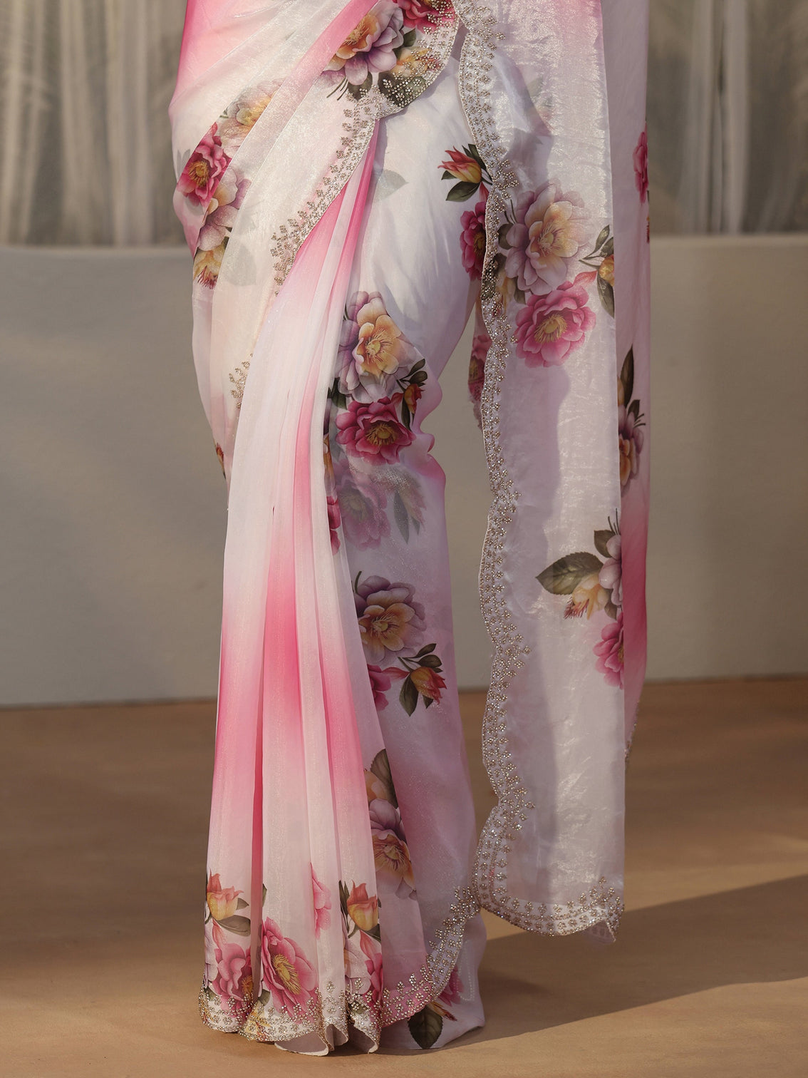 Mameraa Pink Floral Printed Satin Saree with Scalloped Border