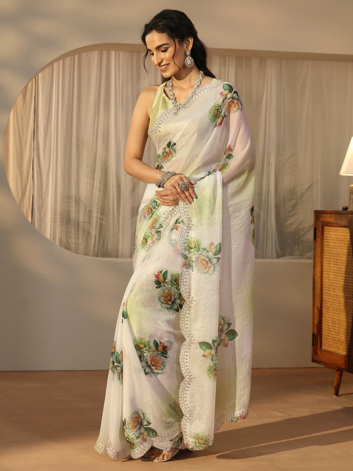 Mameraa Green Floral Printed Satin Saree with Scalloped Border