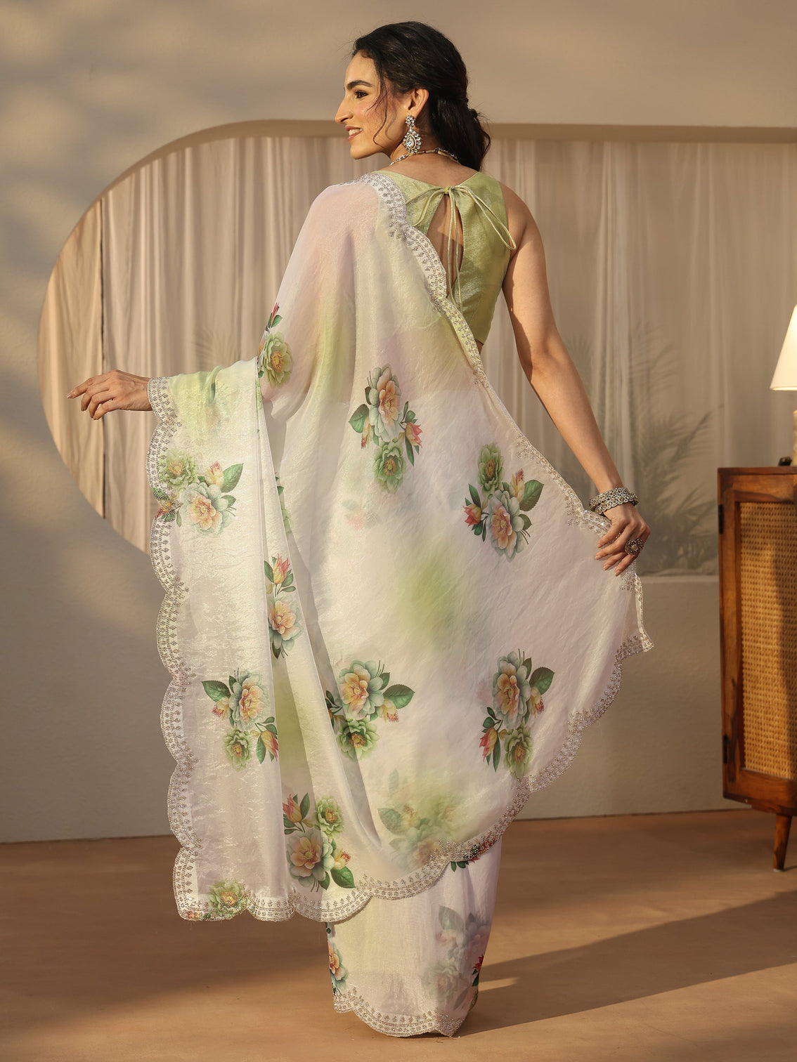 Mameraa Green Floral Printed Satin Saree with Scalloped Border