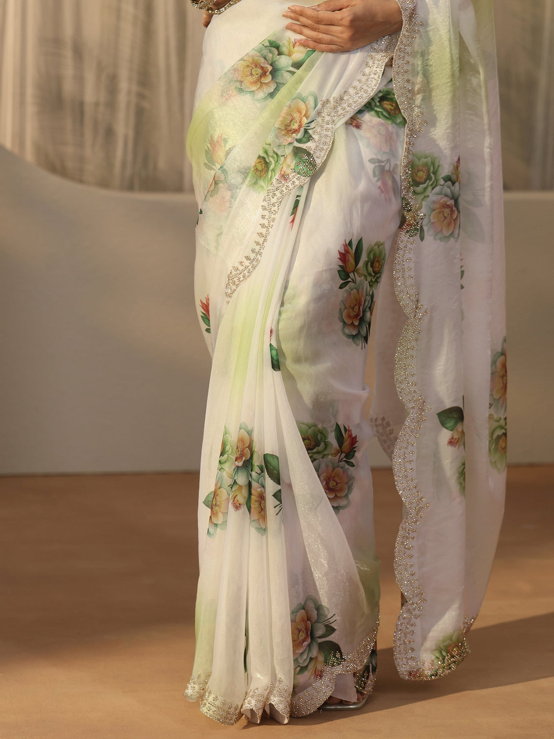 Mameraa Green Floral Printed Satin Saree with Scalloped Border