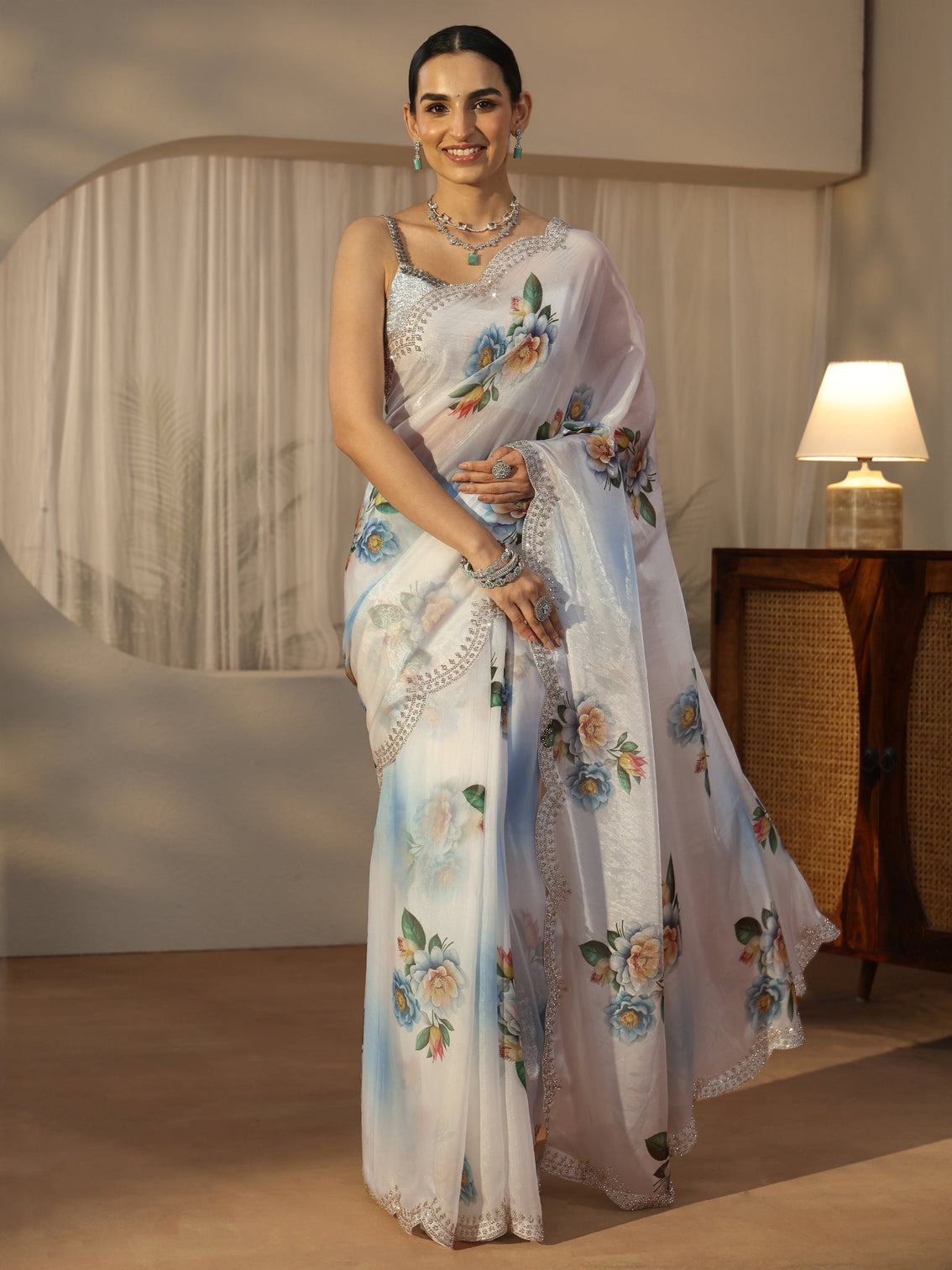 Mameraa Blue Floral Printed Satin Saree with Embellished Border