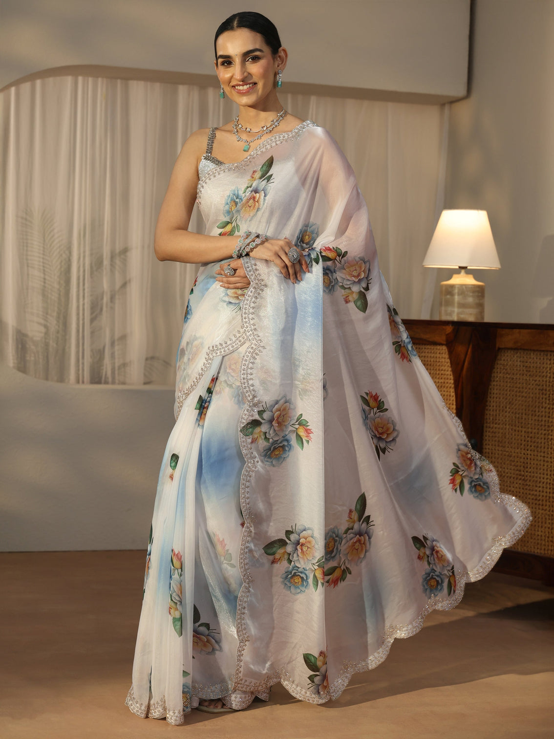 Mameraa Blue Floral Printed Satin Saree with Embellished Border