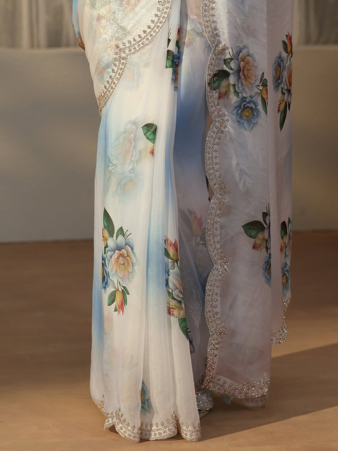 Mameraa Blue Floral Printed Satin Saree with Embellished Border