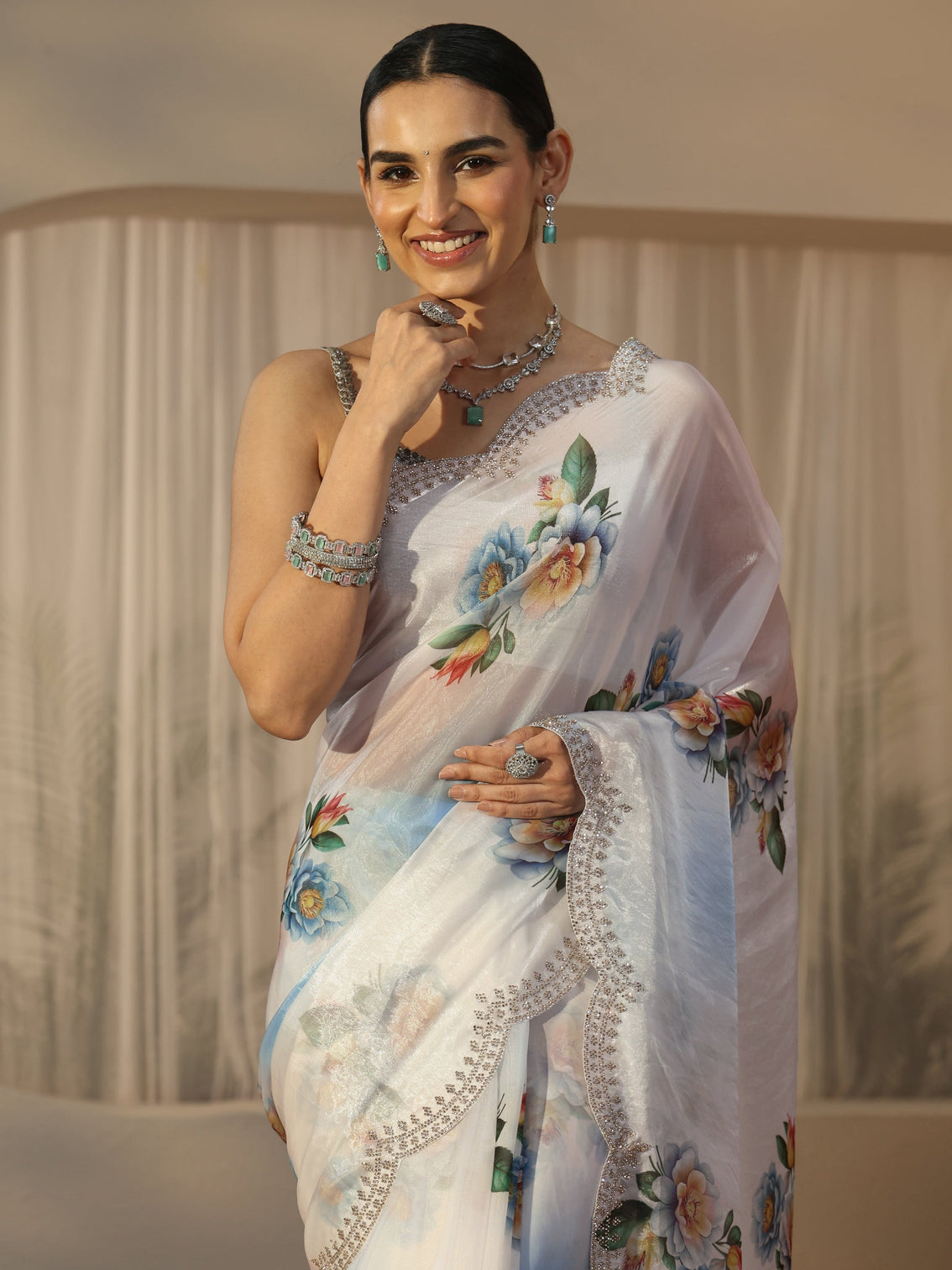 Mameraa Blue Floral Printed Satin Saree with Embellished Border