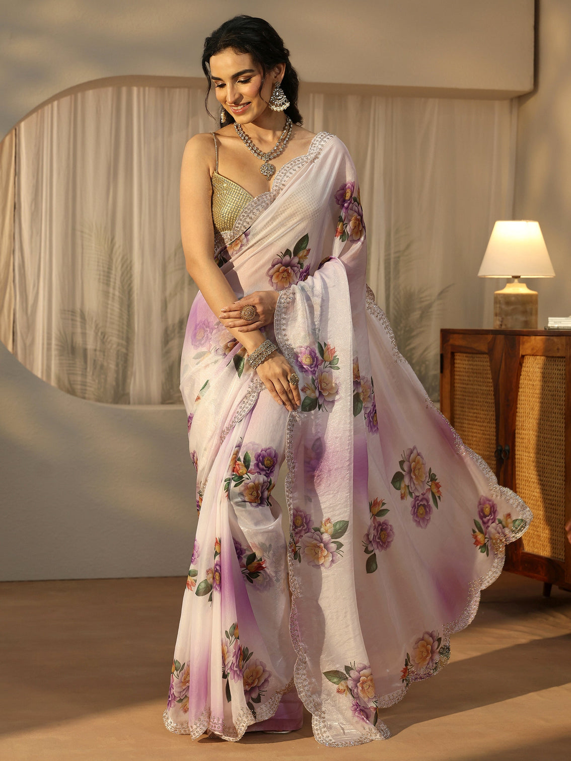 Mameraa Lavender Floral Printed Satin Saree with Scalloped Border
