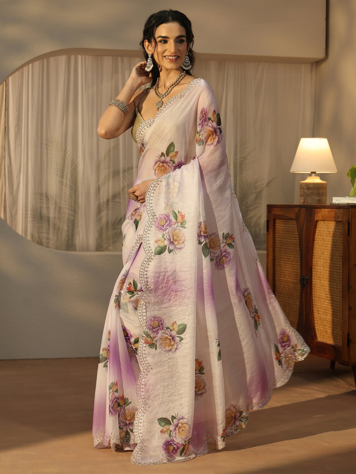 Mameraa Lavender Floral Printed Satin Saree with Scalloped Border