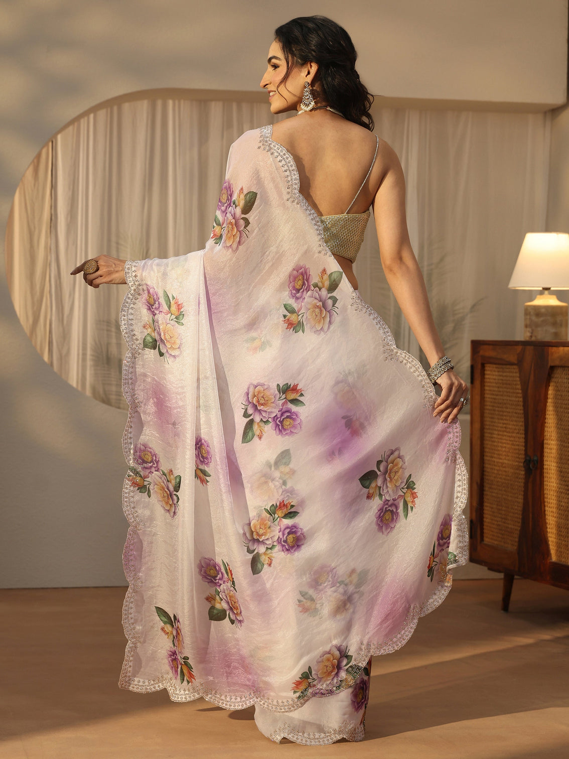 Mameraa Lavender Floral Printed Satin Saree with Scalloped Border