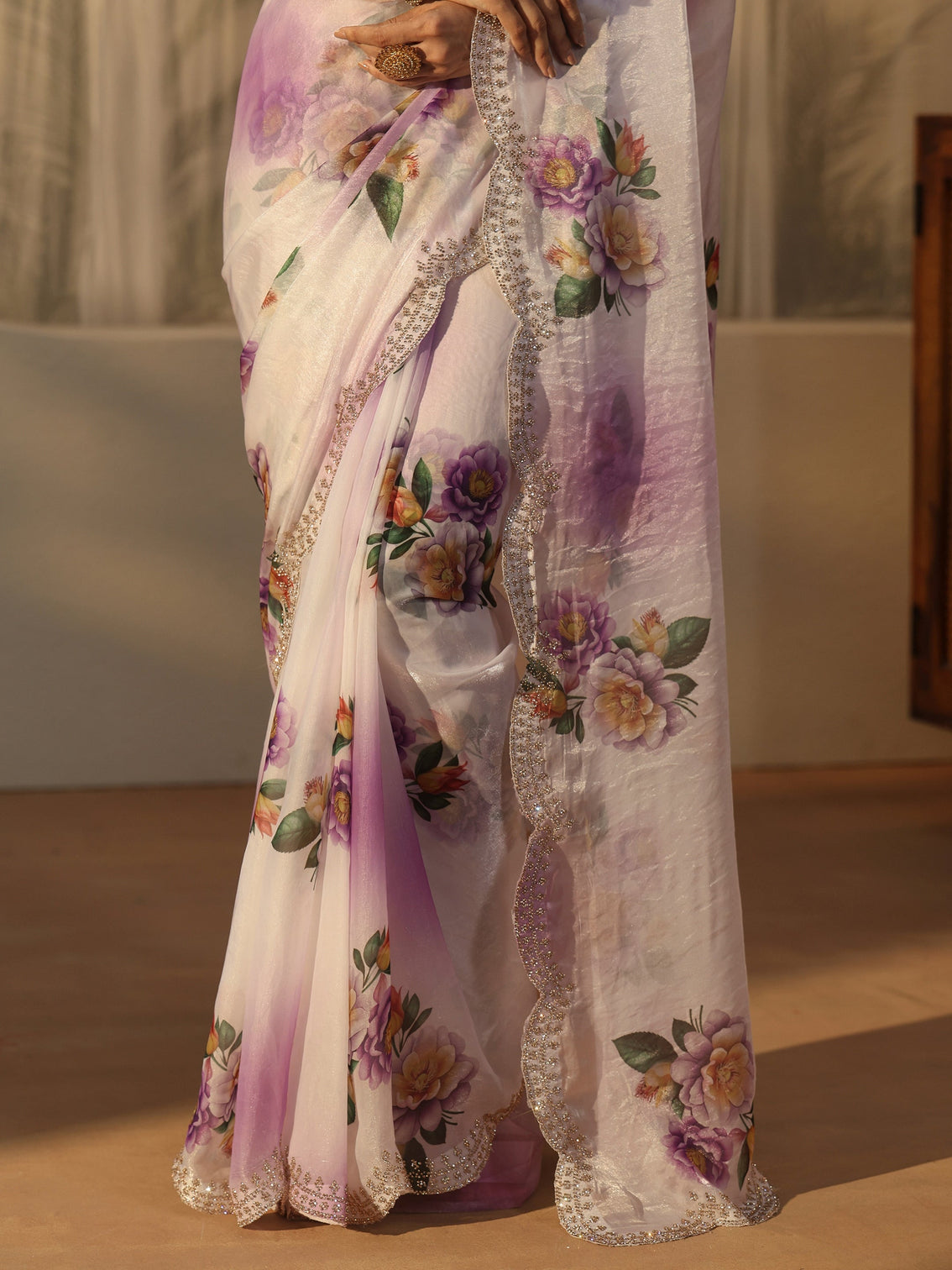 Mameraa Lavender Floral Printed Satin Saree with Scalloped Border