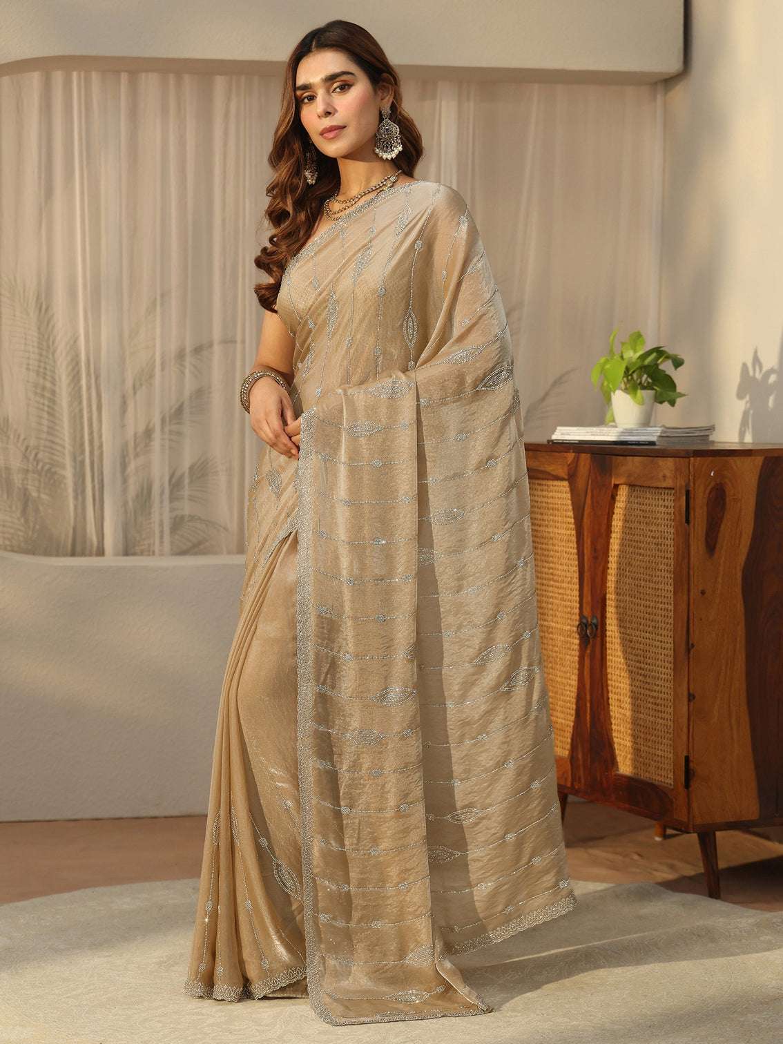 Mameraa Golden Embellished Tissue Saree