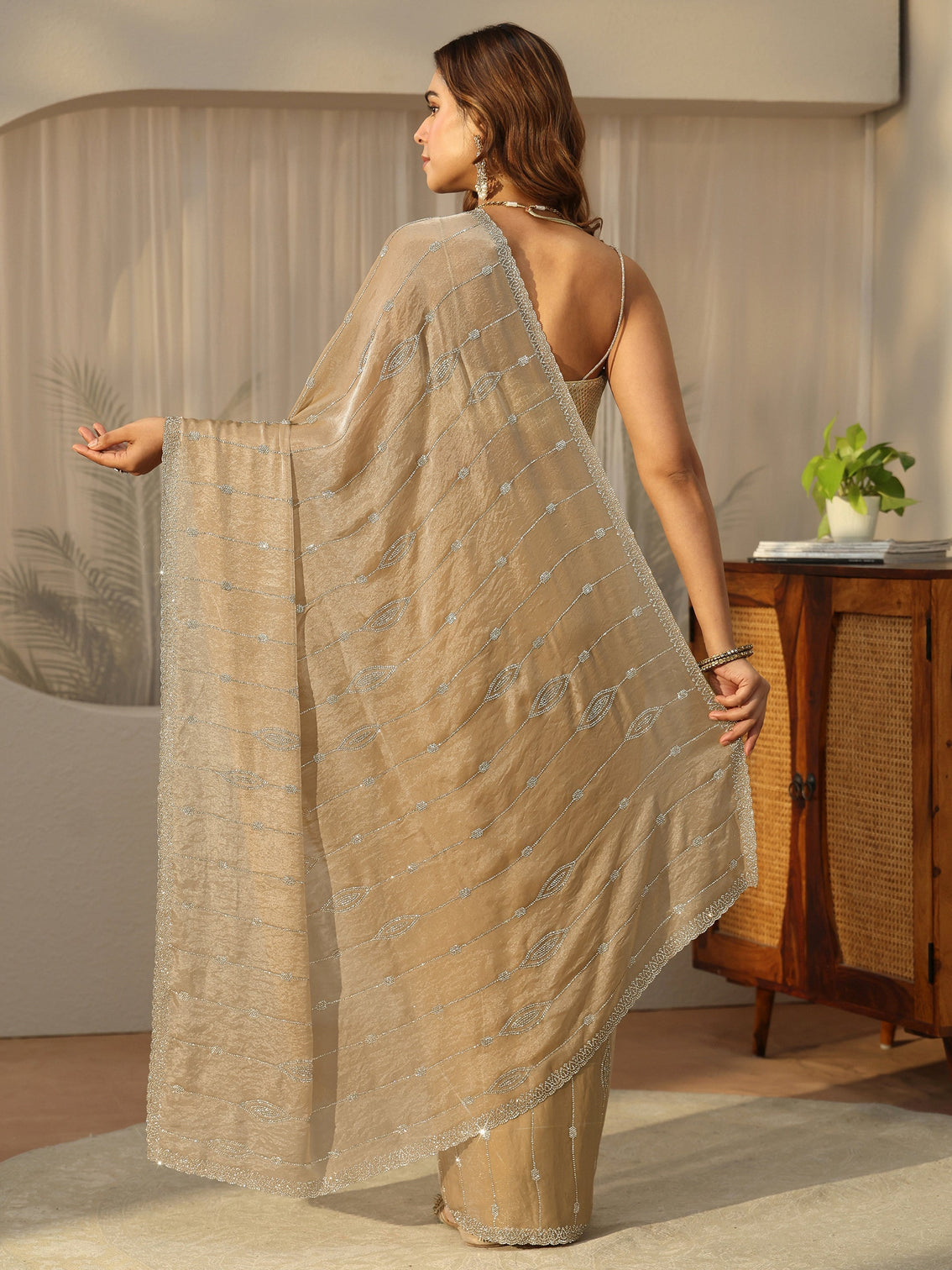 Mameraa Golden Embellished Tissue Saree