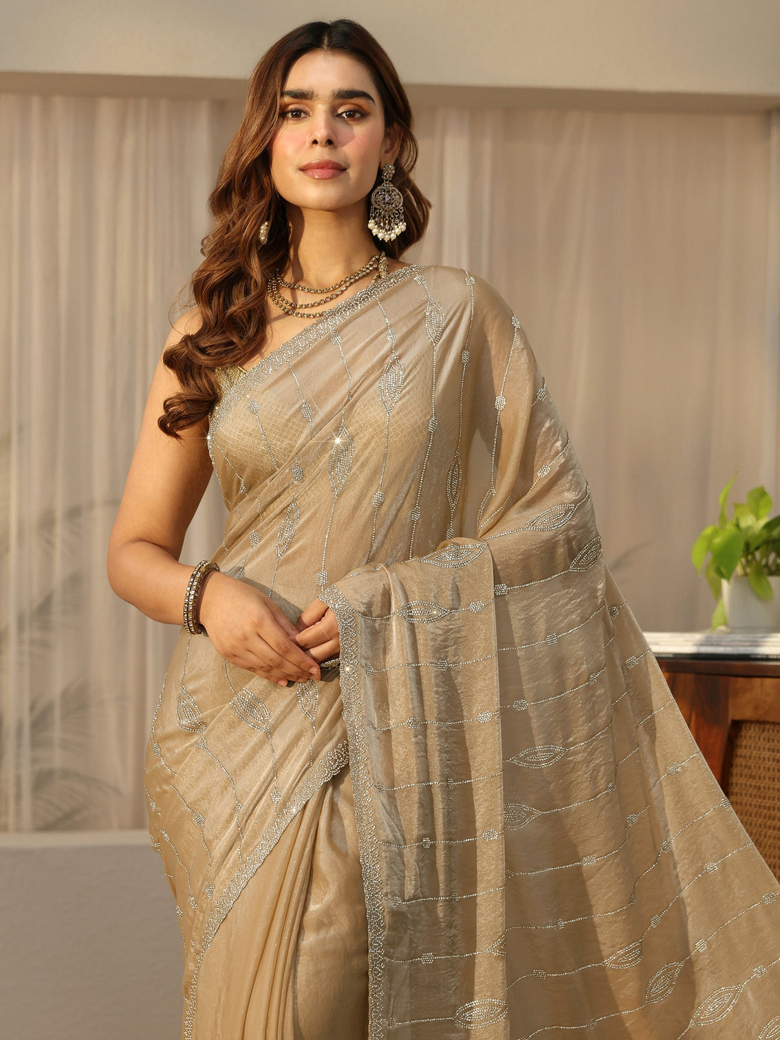 Mameraa Golden Embellished Tissue Saree