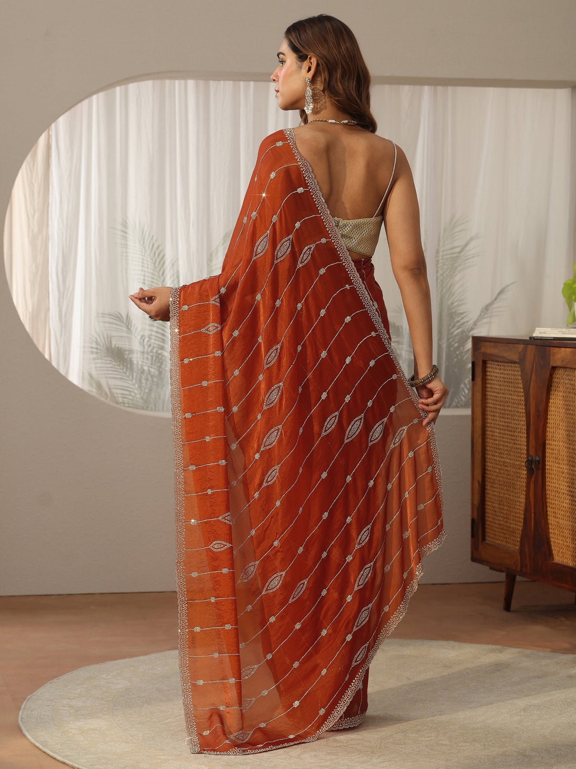 Mameraa Burnt Orange Embellished Tissue Saree