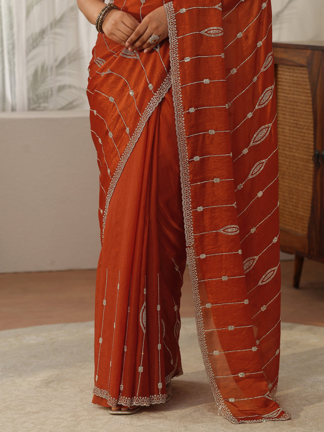 Mameraa Burnt Orange Embellished Tissue Saree