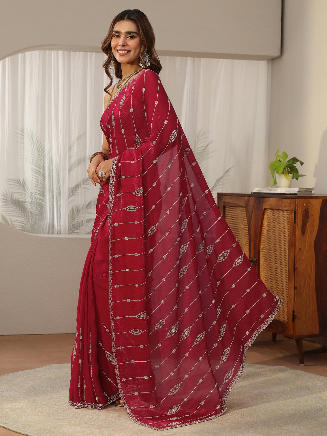 Mameraa Red Stone Work Embellished Silk Blend Saree