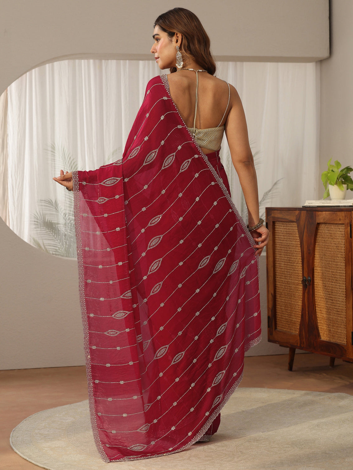 Mameraa Red Stone Work Embellished Silk Blend Saree