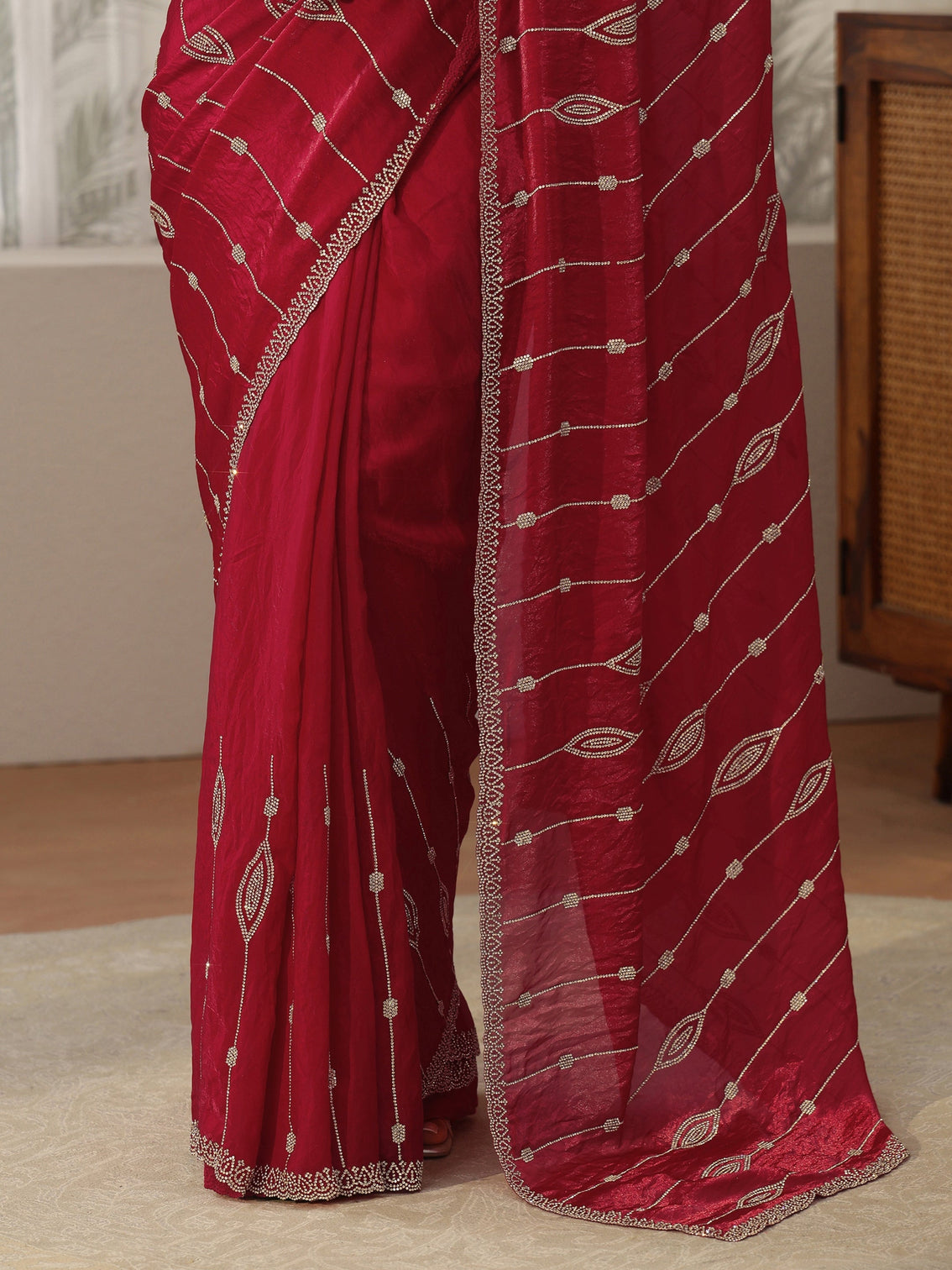 Mameraa Red Stone Work Embellished Silk Blend Saree