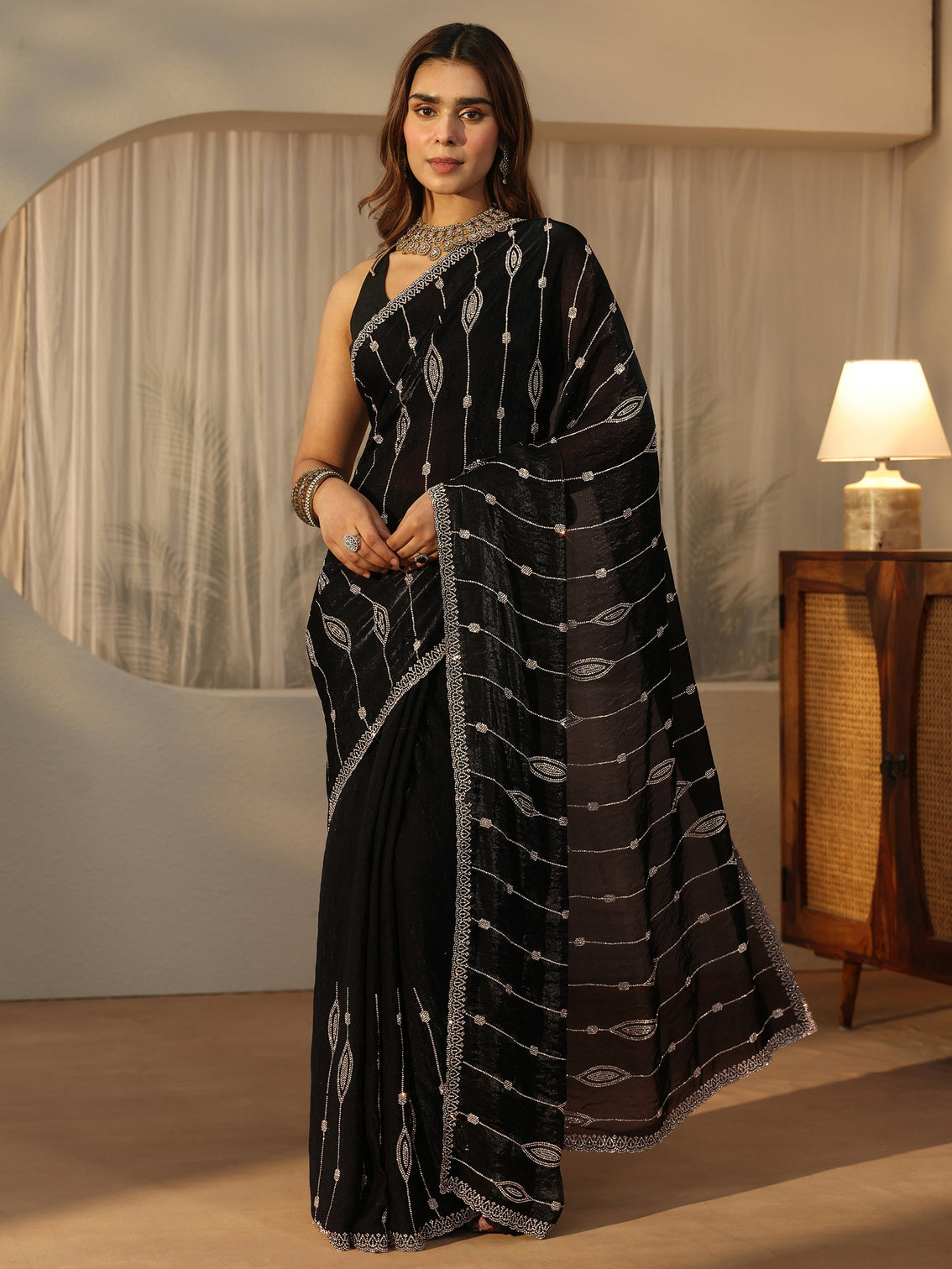 Mameraa Black Embellished Tissue Saree