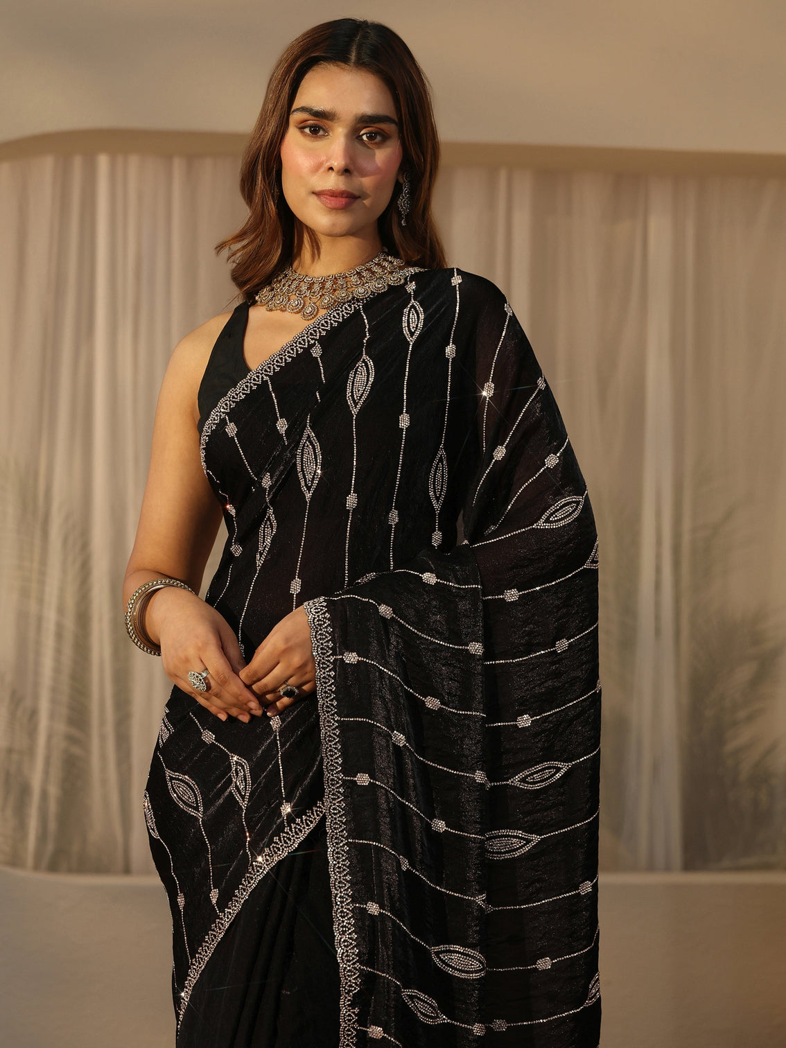 Mameraa Black Embellished Tissue Saree