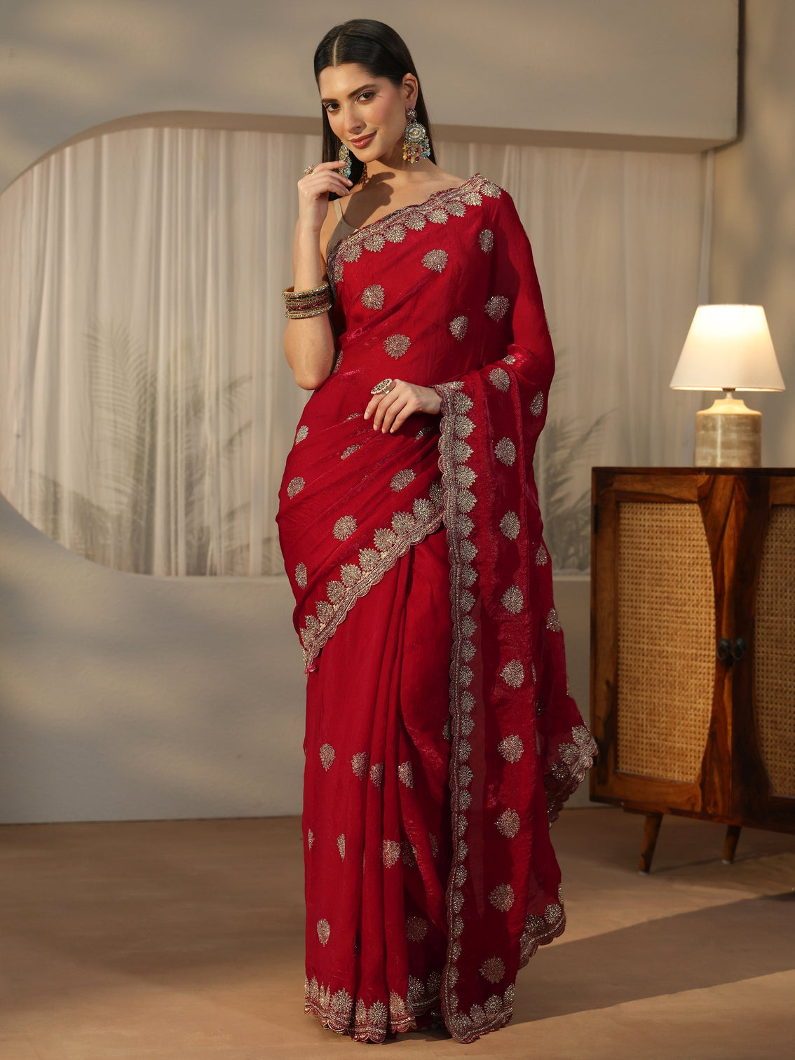 Mameraa Crimson Red Embroidered Tissue Saree