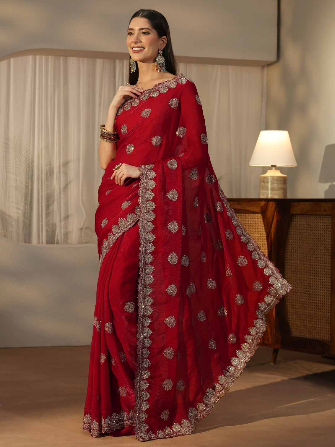Mameraa Crimson Red Embroidered Tissue Saree