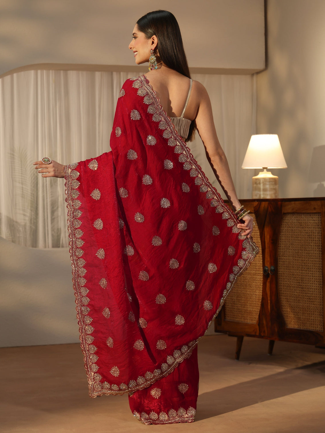 Mameraa Crimson Red Embroidered Tissue Saree