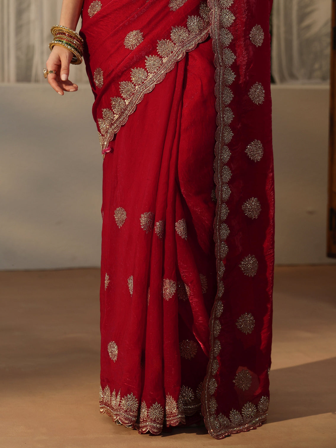 Mameraa Crimson Red Embroidered Tissue Saree