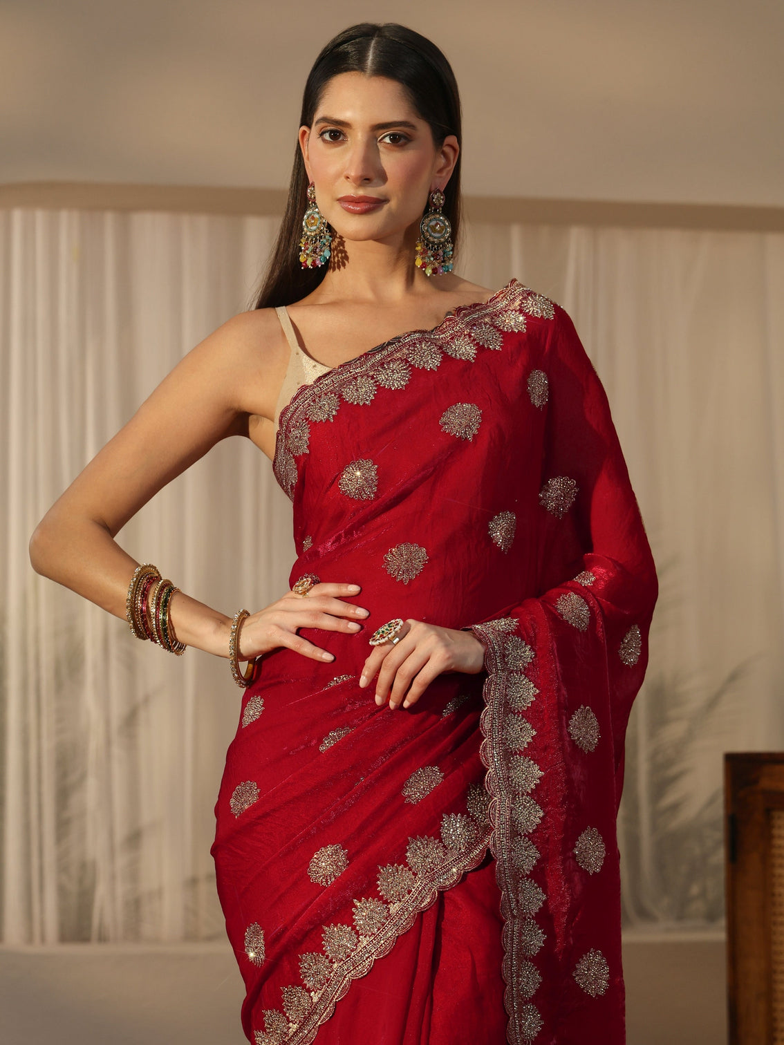 Mameraa Crimson Red Embroidered Tissue Saree