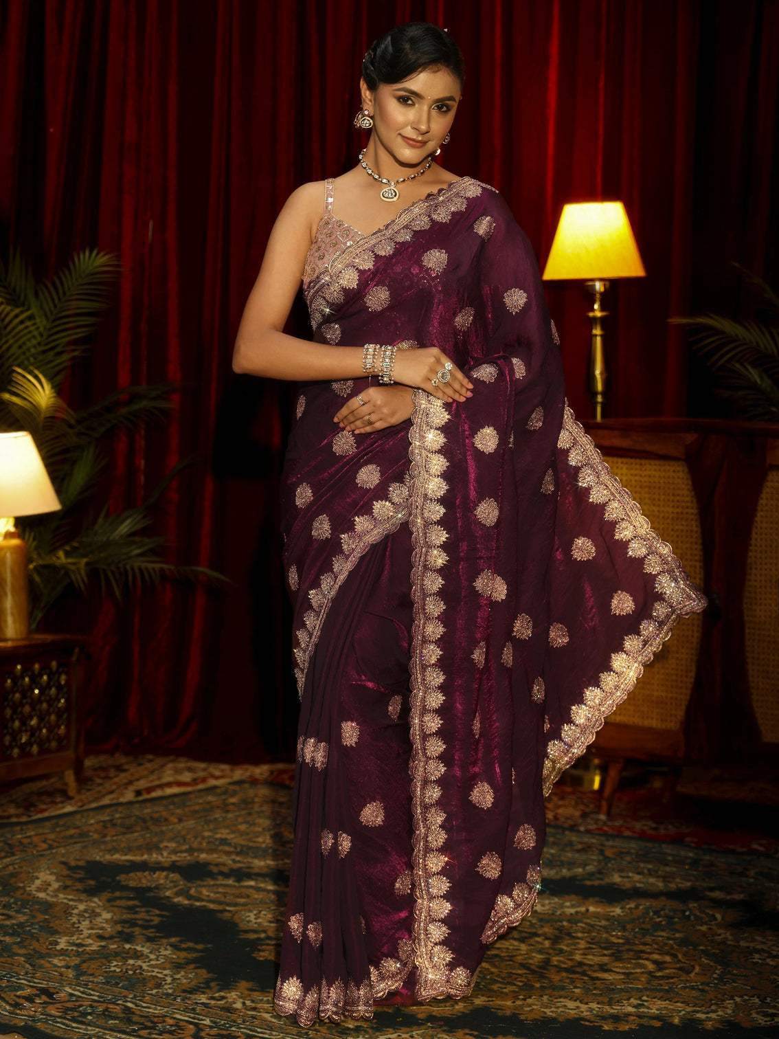 Mameraa Burgundy Floral Embellished Tissue Saree